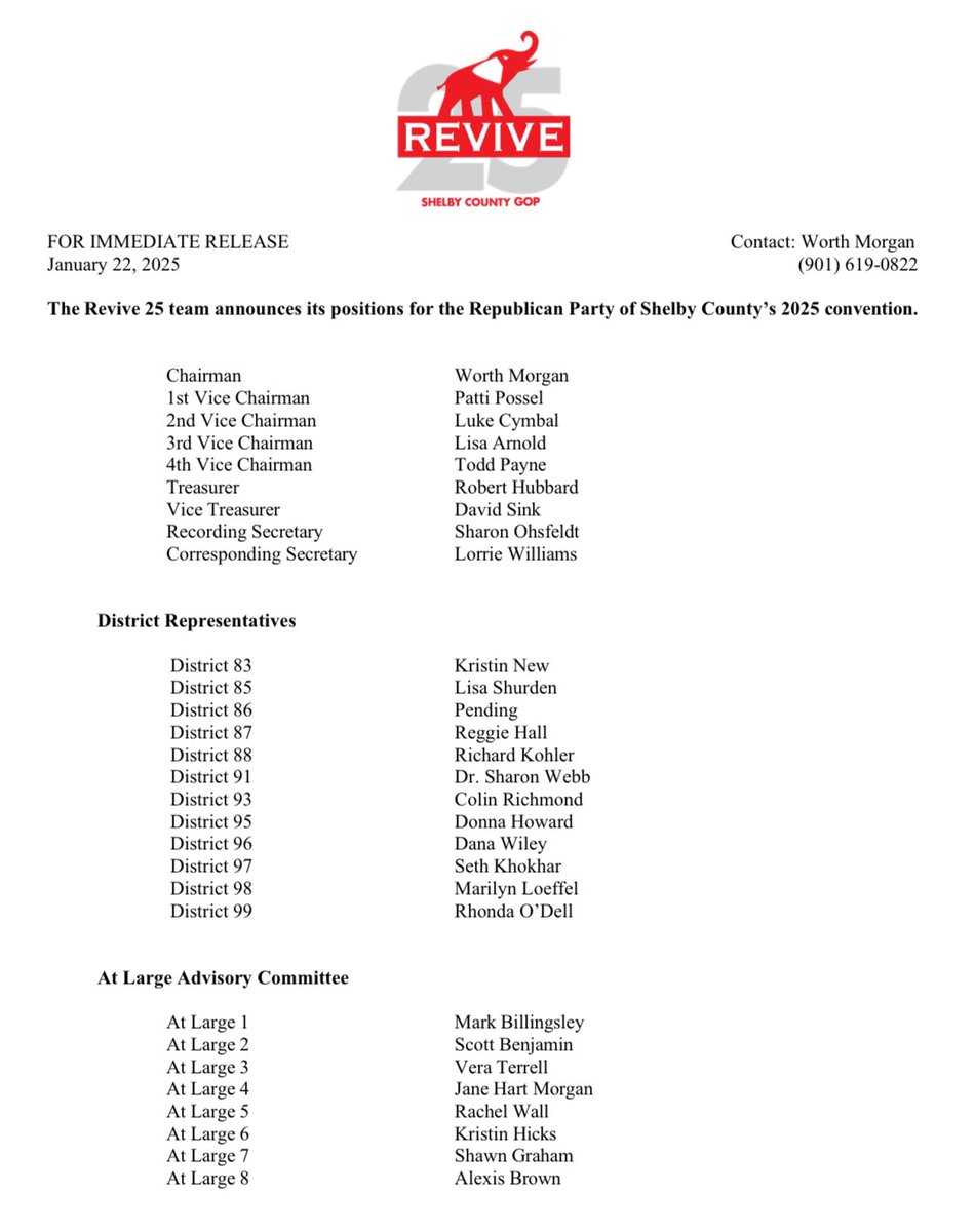 Revive2025's tweet photo. 🚨 FOR IMMEDIATE RELEASE: Worth Morgan and the Revive 25 team is asking you to vote for the following individuals at the Republican Party of Shelby County convention this Saturday. Now is the time to get the Republican Party back in fighting shape! https://t.co/oihVDX0CW1
