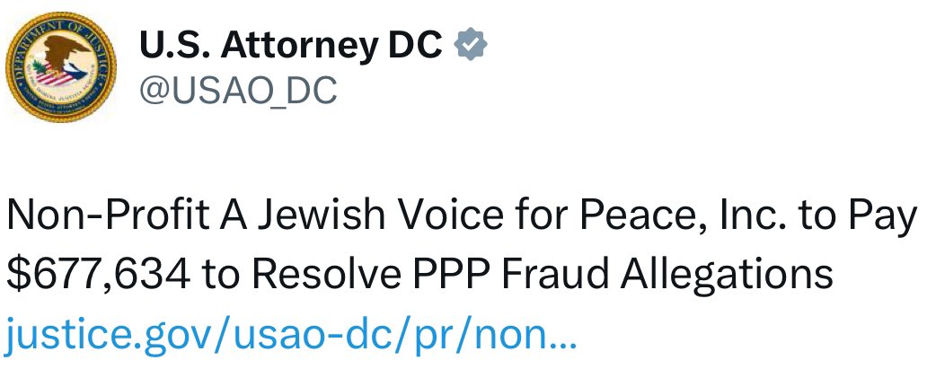 The so-called “Jewish Voice for Peace” (JVP), an Anti-Israel hate group that advocates for violence against Israel, has been ordered to pay $677,634 to resolve allegations of PPP fraud.   

The finances of JVP are as fraudulent as the organization itself.