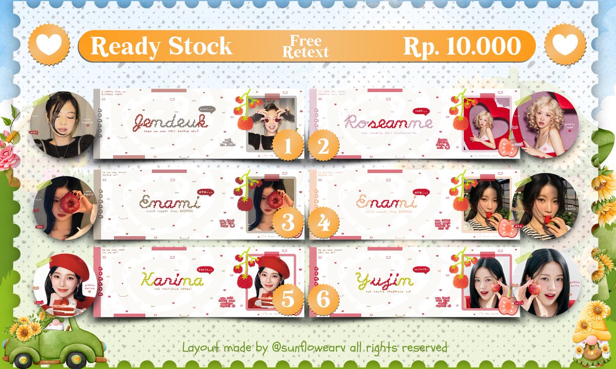 sunflowearv's tweet photo. Boleh bantu repostnya? Maaciw! 🫶🏻

Halo mentemen! Flo bawa 9 layout ready stock Jennie, Rose, Asa, Karina, Yujin sama Wonyoung dari katalog Cherry Bliss &amp; Sunlit Joy 😍 get ava PNG ONLY ya, bisa QRIS, DANA, SPAY ataupun GOPAY 🌻

Mari jajaan #zonauang https://t.co/39aiZerNgD