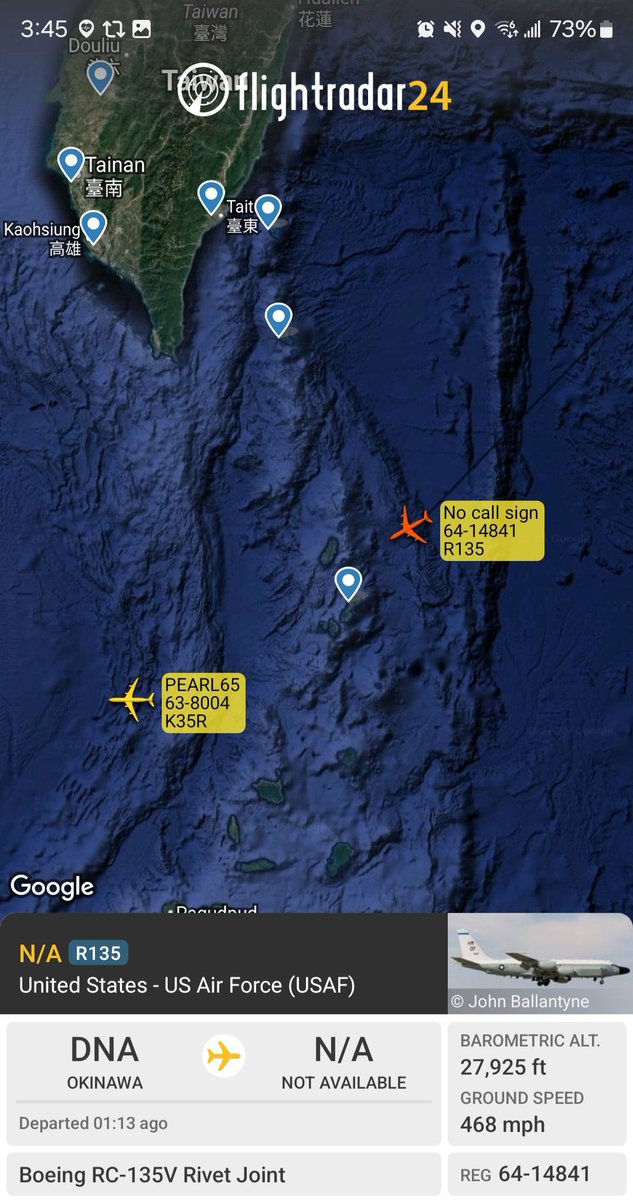 Borrowed7Time's tweet photo. USAF RC-135V Rivet Joint 64-14841 #AE01C9 out of Kadena AFB, approaching the Luzon Strait with KC-135R 63-8004 #AE0693 PEARL65 on location for refueling.
@sipjack1776 @_shrimpsisbugs https://t.co/OxaRYTH3LG
