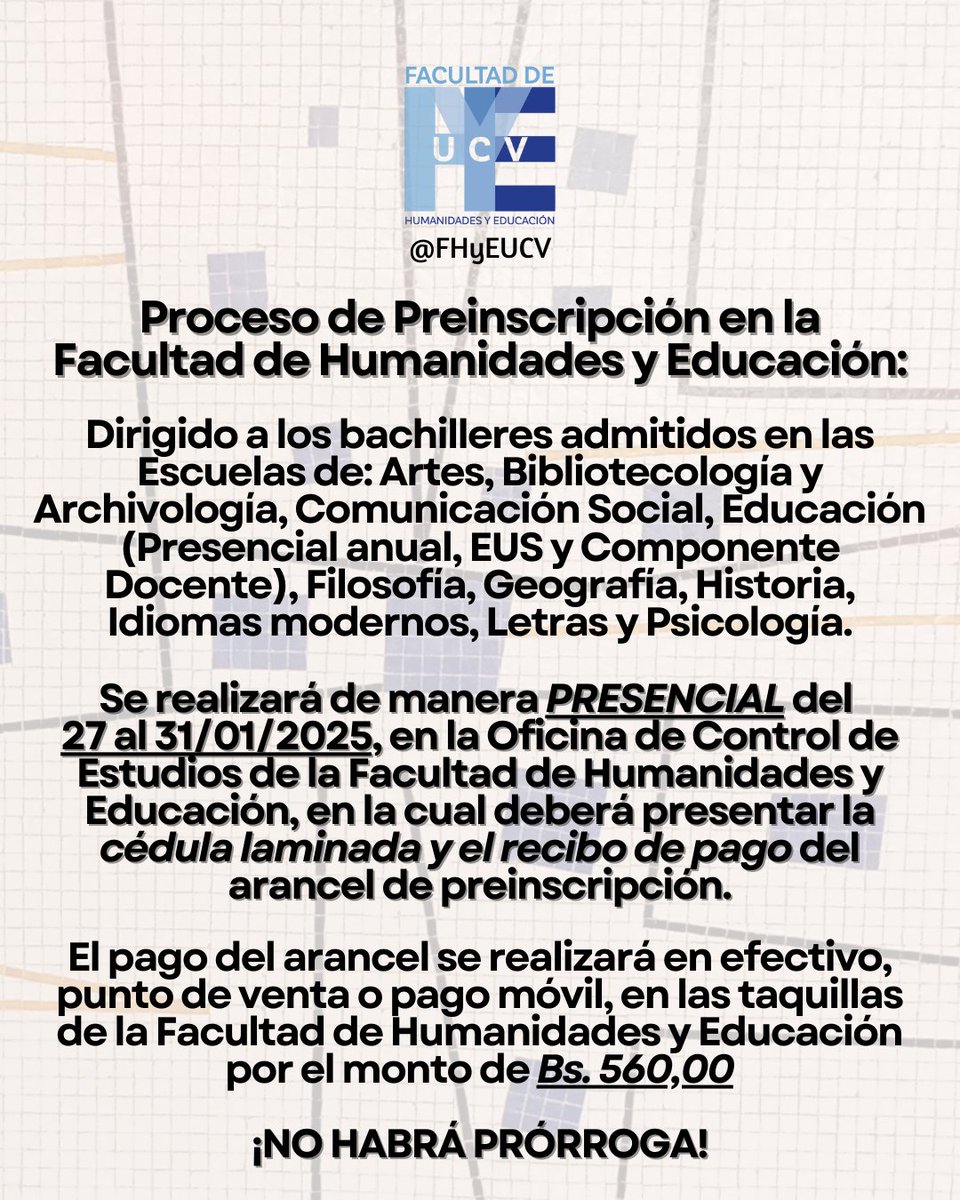 ATENCIÓN:

Admitidos en la Facultad de Humanidades y Educación 2024, proceso de preinscripción.

LEA con detenimiento la información publicada.

NO habrá prórroga. 

Si no cumple con este paso NO podrá realizar su inscripción por secretaría. 

<a href="/pmbarriosmo/">Pedro Barrios Mota 🇻🇪</a>