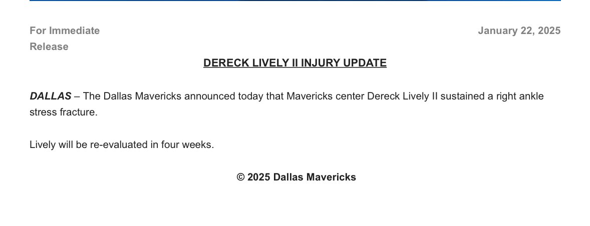 Dereck Lively's absence will be a while...Mavs say he's due for a re-evaluation in four weeks with a stress fracture in his right ankle.