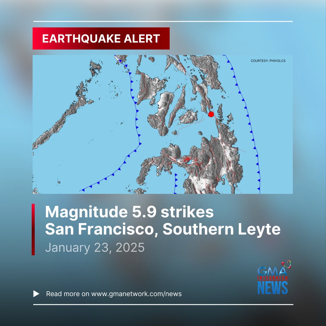 gmanews's tweet photo. Naitala ang magnitude 5.9 na lindol sa San Francisco, Southern Leyte kaninang 7:39 a.m., ayon sa PHIVOLCS.  

Posible ang aftershocks na dulot ng nasabing lindol, base sa update ng ahensiya.   

Laging mag-ingat, mga Kapuso! https://t.co/6yrlg6YByY