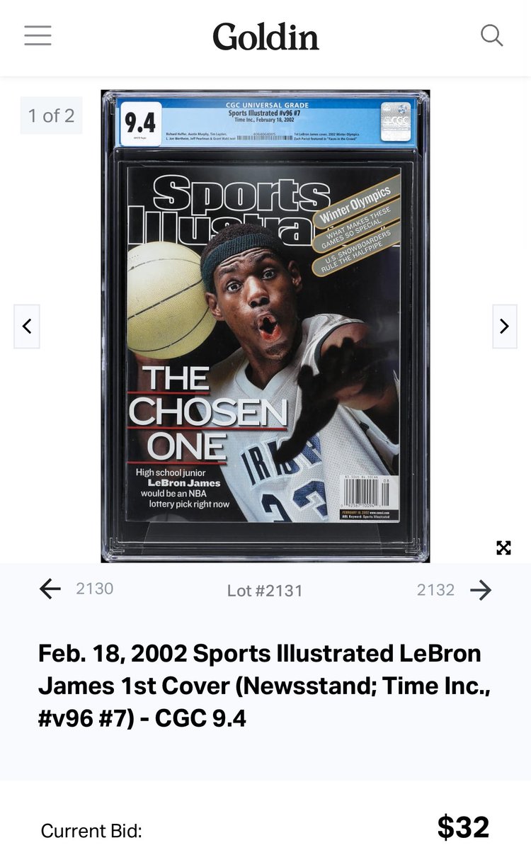 There are some crazy good pieces on <a href="/GoldinCo/">Goldin</a> right now that end Thursday evening.  

Here are a couple of the most interesting.  Tiger Woods 1st cover graded in newsstand at 9.6, and LeBron James 1st cover graded in newsstand at 9.4.