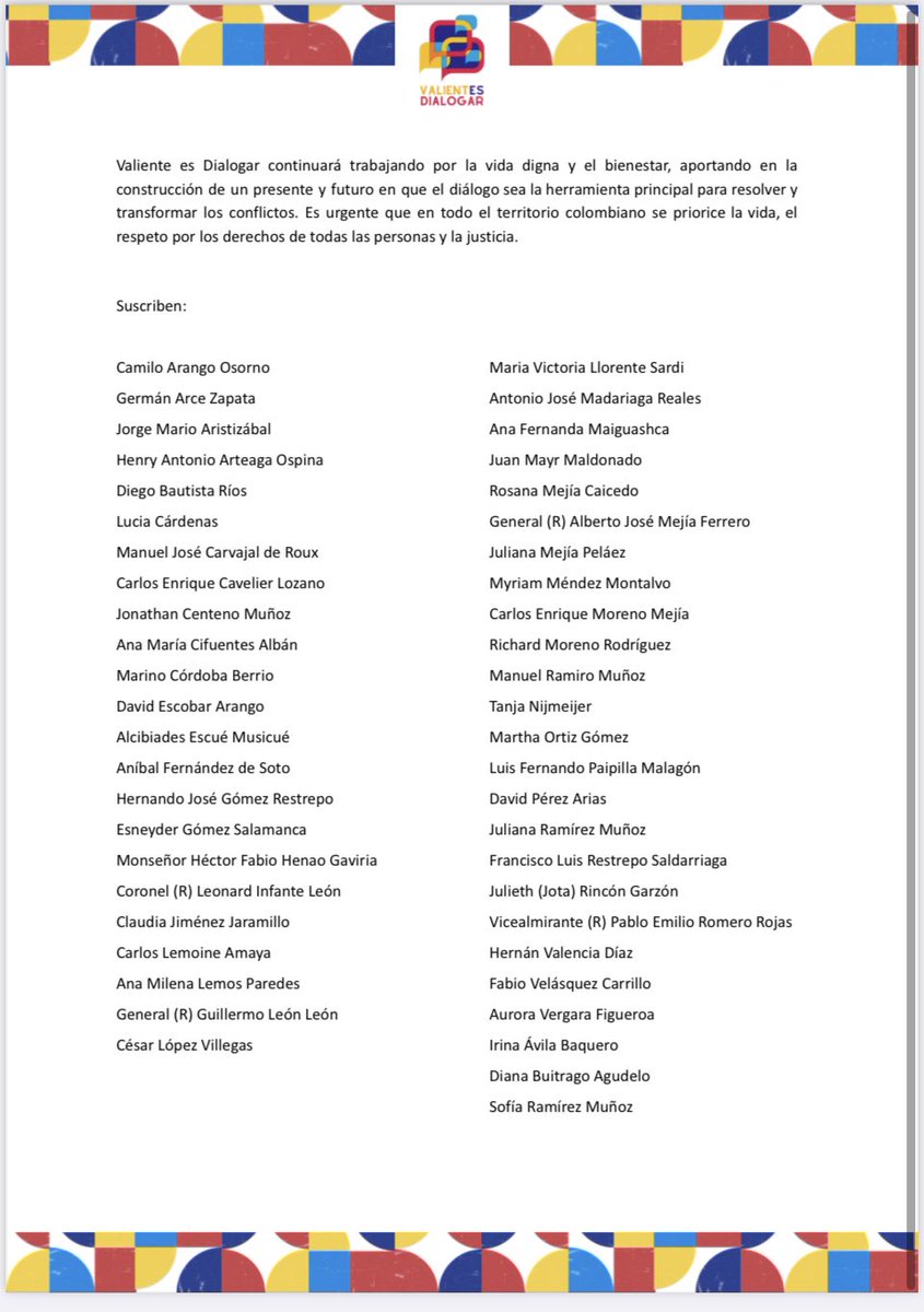 Líderes opuestos y diversos en Colombia, llamamos a la superación de la guerra y el posicionamiento del diálogo para la  transformación de los conflictos.