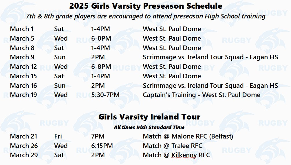 Mark your calendars! Our girls rugby preseason schedule and Ireland Tour Fixtures are set.