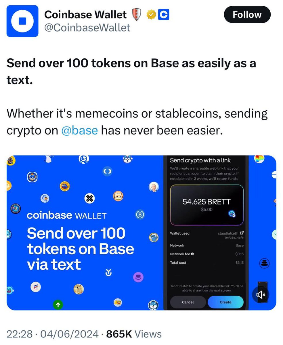 The people like memecoins Coinbase wallet likes helping people send $BRETT  And @jessepollak is leading the way in bringing a BILLION people on chain  with unique ideas like sending your friends crypto