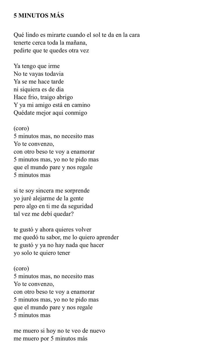 LassoMusica's tweet photo. esta es la letra de 5 minutos más.

es solo la segunda canción de amor 🤮🤢 que hago así que no se acostumbren https://t.co/qUphyJCwwp