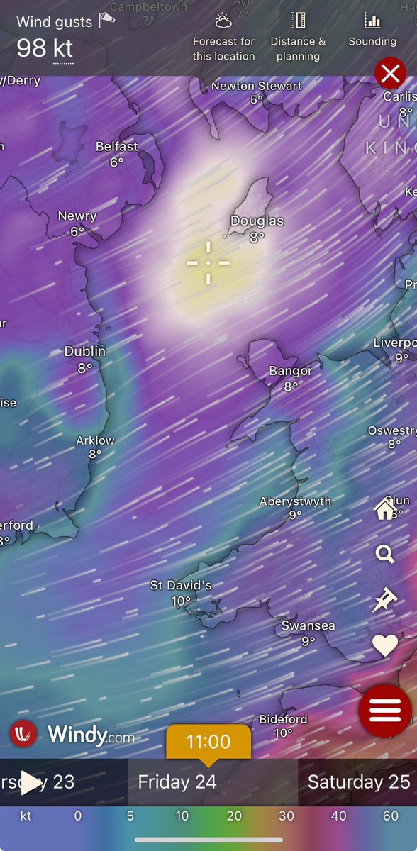 NWGuyUK's tweet photo. #StormÉowyn is expected to bring an extremely windy spell of weather to Ireland and UK on Friday morning. Latest models indicating 120mph+ off the West Coast of Ireland at 8am Friday, and 110mph+ over in the Irish Sea around the Isle of Man towards midday. Stay safe folks!!! https://t.co/RsYpW6L7eJ