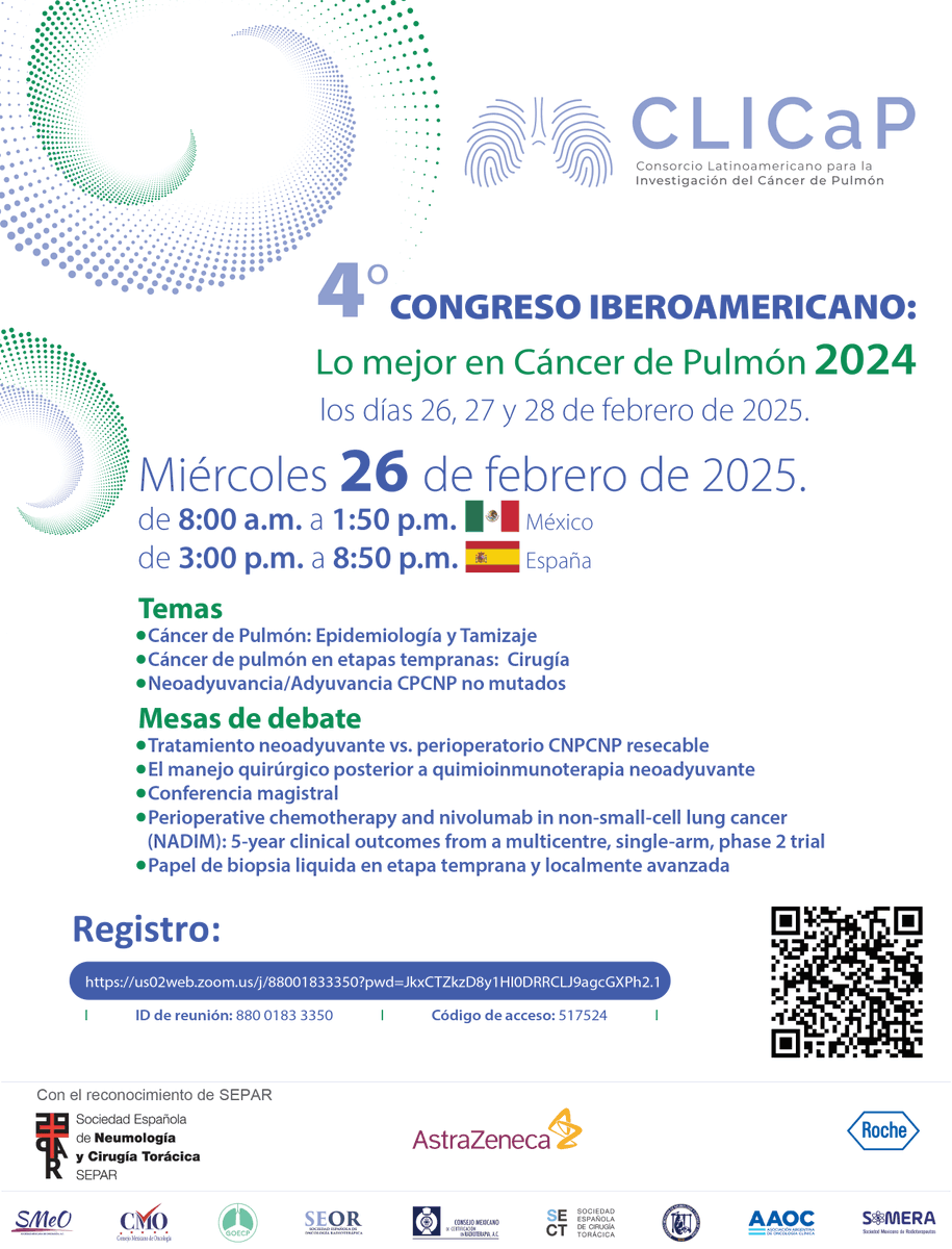 📅 El 26 de febrero de 2025, iniciamos el 4to Congreso Iberoamericano: Lo Mejor en Cáncer de Pulmón 2024,  junto a médicos expertos de Iberoamérica y exploremos los temas más relevantes en esta primera jornada:💡 Un evento imperdible para quienes desean estar a la vanguardia.