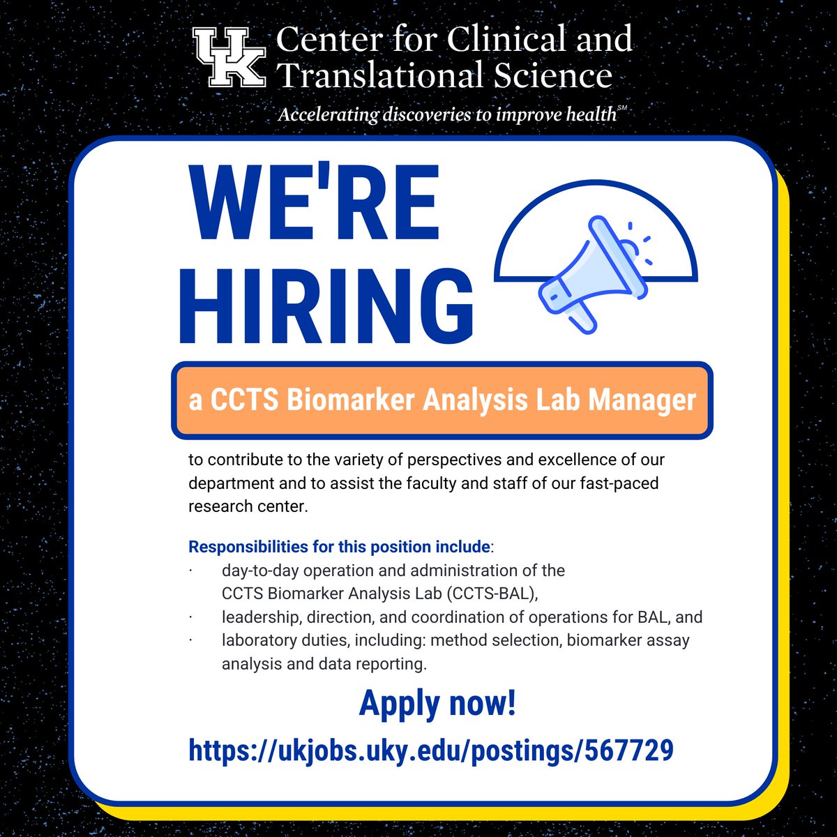 📣 We’re Hiring! 
The <a href="/UK_CCTS/">UK CCTS</a>  is seeking a highly motivated, professional CCTS Biomarker Analysis Lab Manager to contribute to the variety of perspectives and excellence of our dept. and to assist the faculty and staff of our fast-paced research center. ukjobs.uky.edu/postings/567729