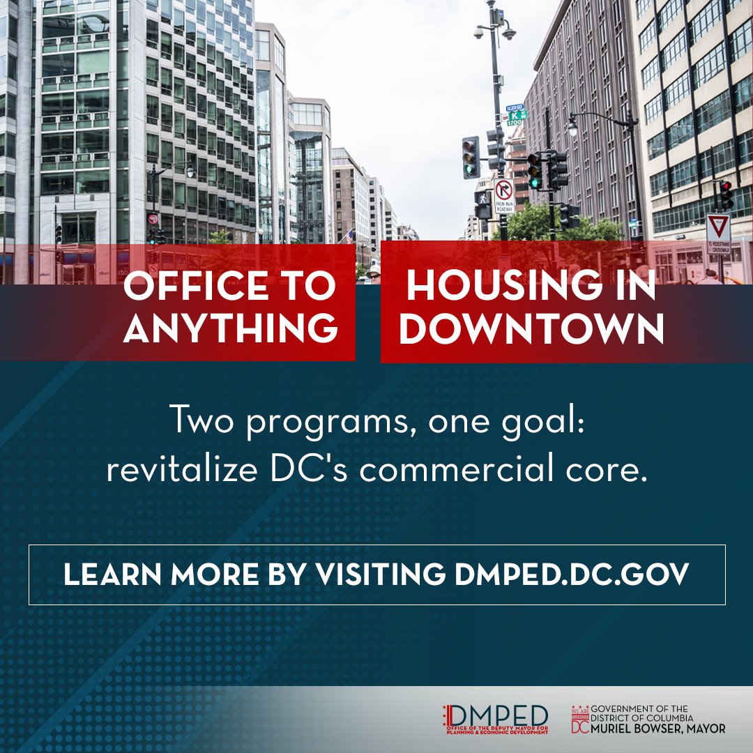 DMPEDDC's tweet photo. Last week, @MayorBowser launched the Office to Anything program.
We are proud to implement strategic solutions that are repositioning office space into much-needed housing and dynamic spaces that support a vibrant and mixed-use Downtown DC.
#2programs1goal https://t.co/YjOgaPGueZ