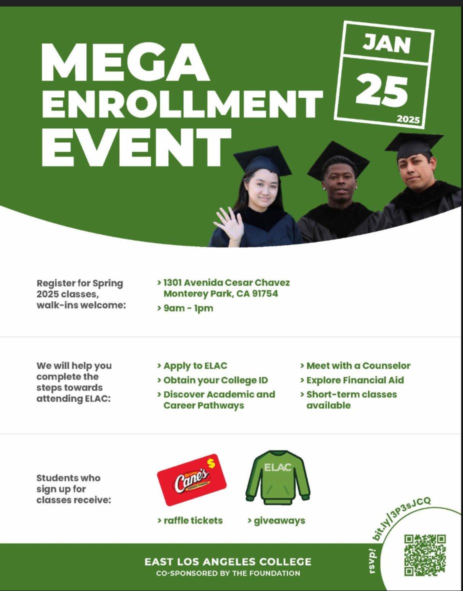 EastLACollege's tweet image. We will hold our Mega Enrollment Event Saturday, Jan. 25. Students will get help with registration and applications for the #ELAC Spring Semester, which starts Feb. 10, and meet with counselors, learn about financial aid and more #laschools #CalCommColleges #gomusd #alhambrausd