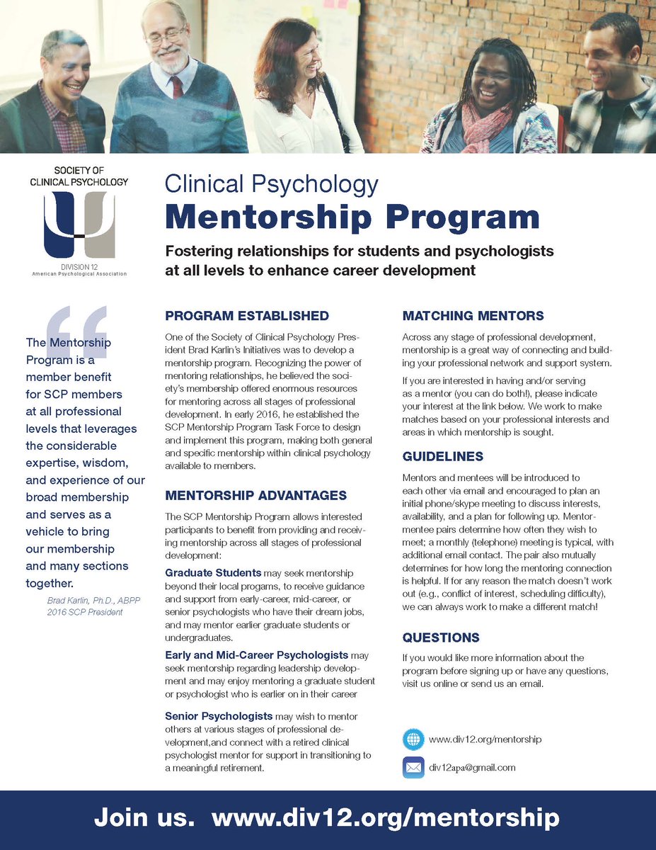 APA Div12 Grad Students & ECPs (@apagradecp) on Twitter photo Interested in becoming a mentor or mentee with APA Division 12 for guidance in career development? Sign up here! div12.org/mentorship/ <a href="/SCPdiv12/">Society of Clinical Psychology (APA Div. 12)</a> <a href="/APA/">American Psychological Association</a> Interested in becoming a mentor or mentee with APA Division 12 for guidance in career development? Sign up here! div12.org/mentorship/ <a href="/SCPdiv12/">Society of Clinical Psychology (APA Div. 12)</a> <a href="/APA/">American Psychological Association</a>
