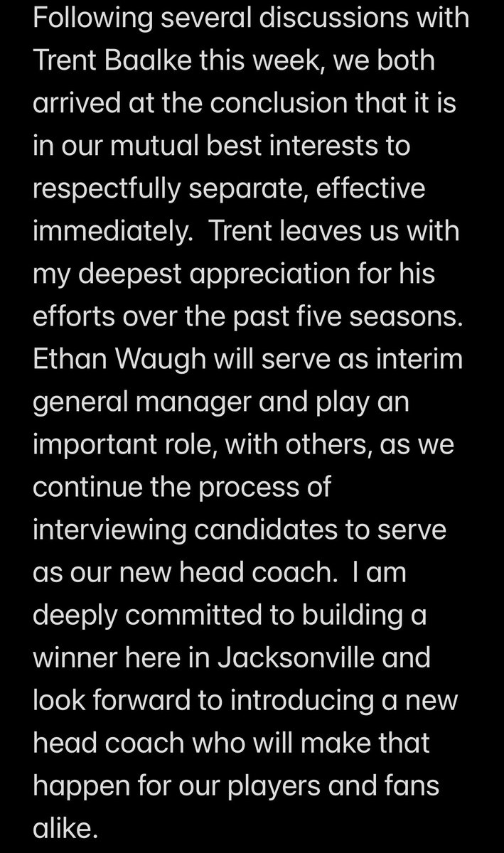 ESPNdirocco's tweet photo. Jaguars have parted ways with GM Trent Baalke. Here’s owner Shad Khan’s statement: https://t.co/YHmQDOVGgb