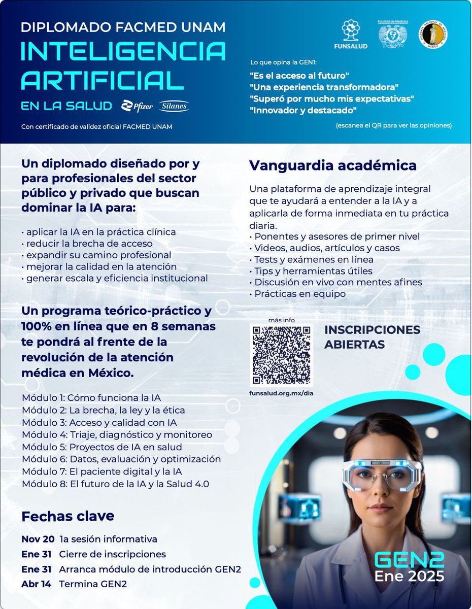 Si eres #medico y te interesa implementar #inteligenciaartificial #IA en tu práctica diaria, este es el #diplomado con aval de <a href="/FacMedicinaUNAM/">FacultadMedicinaUNAM</a> organizado pro <a href="/FUNSALUDMX/">FUNSALUD</a> los profesores de primera <a href="/hectorvalle/">hector valle mesto</a> <a href="/gustavo_ross/">Gustavo Ross</a>