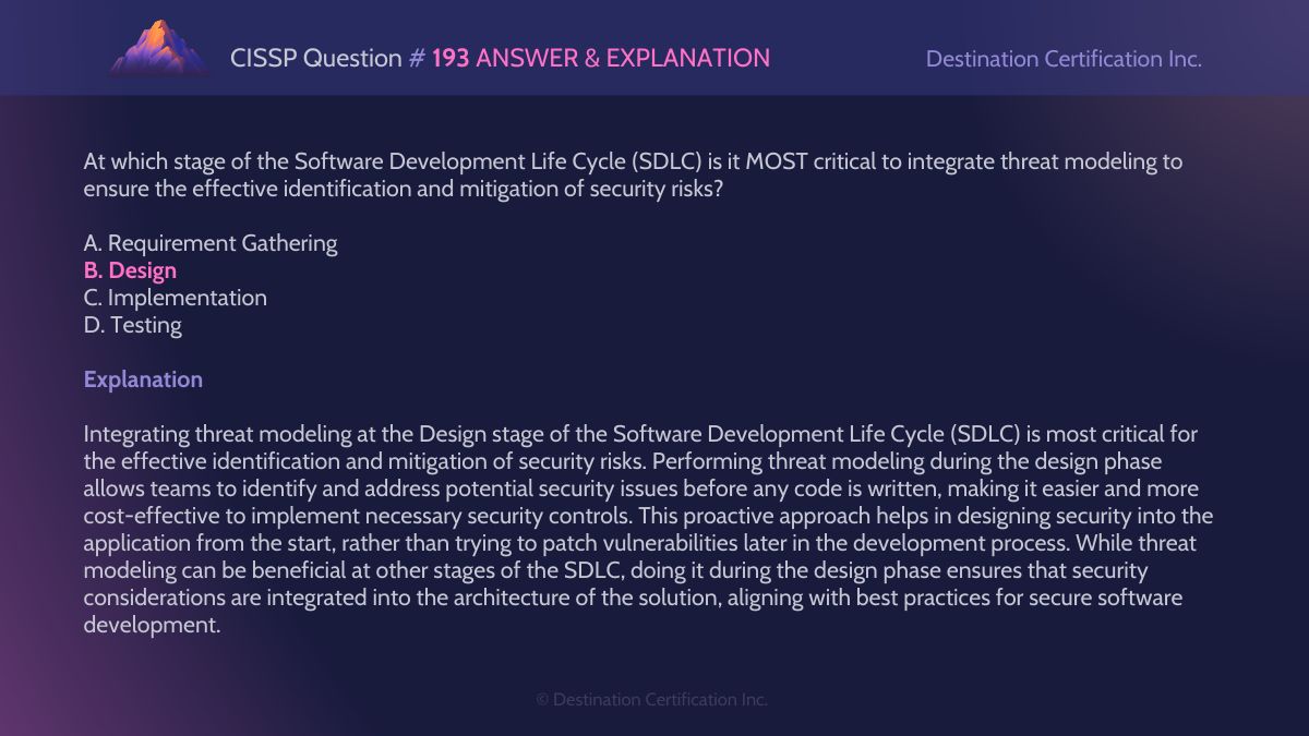 destcert's tweet photo. #CISSP Question #193 Answer and Explanation

Here is the answer and an analysis of how to reach the correct answer. If you want to see more content like this, do let us know!

#WeeklyCISSPChallenge #QuestionOfTheWeek #CyberSecurity #CISSPpractice #practicequestions #ISC2 https://t.co/23ehyy0DFt