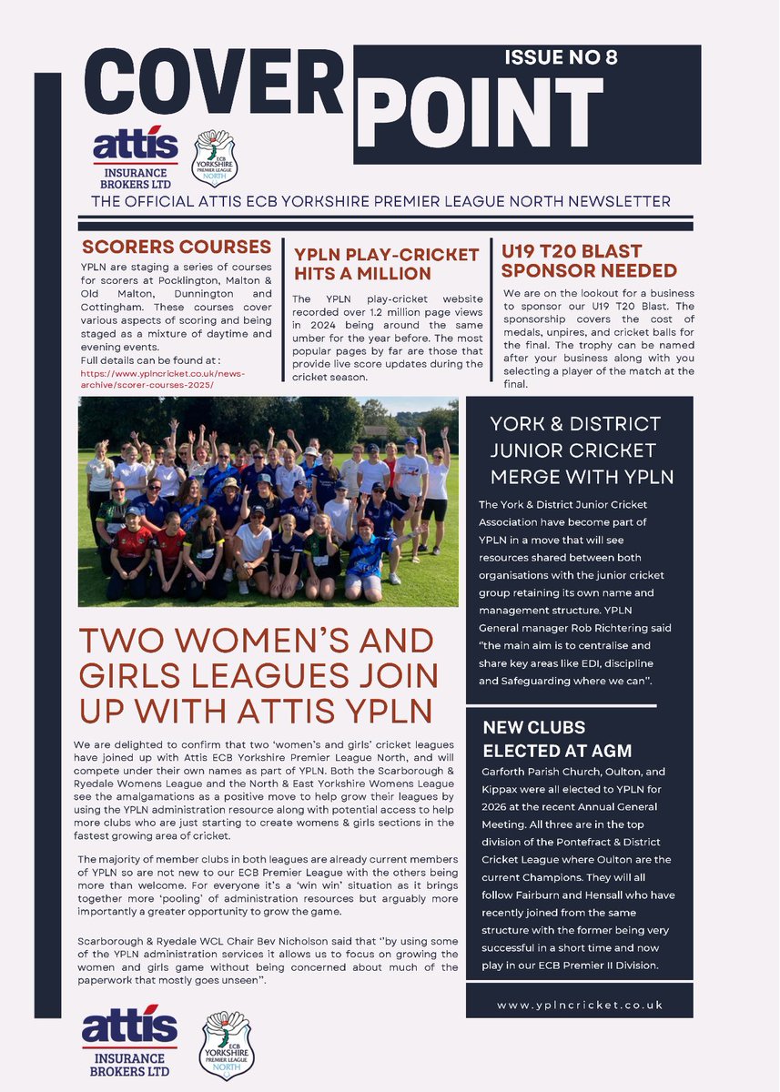 COVER POINT ISSUE 8 - SCORERS COURSE INFO BELOW…..

A series of courses are taking place at Pocklington CC, Malton &amp; Old Malton CC, Dunnington Cricket Club, Cottingham CC

Full information can be found here:

yplncricket.co.uk/news-archive/s…