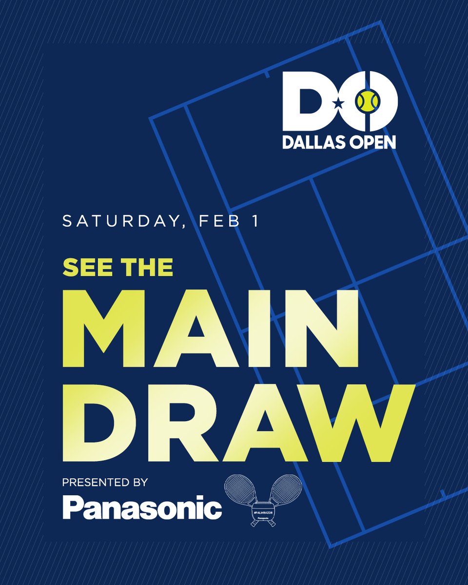 Dallas Open (@dalopentennis) on Twitter photo The Dallas Open 2025 main draw is almost here... 🥁
Join us Feb. 1 at 2:30 p.m. at the Fan Zone in Tostitos Championship Plaza <a href="/thestarinfrisco/">The Star In Frisco</a> to find out who the top seeds are, how the brackets shake out, and the exciting first-round matchups.
Presented by <a href="/PanasonicNA/">Panasonic North America</a> | ℹ️ The Dallas Open 2025 main draw is almost here... 🥁
Join us Feb. 1 at 2:30 p.m. at the Fan Zone in Tostitos Championship Plaza <a href="/thestarinfrisco/">The Star In Frisco</a> to find out who the top seeds are, how the brackets shake out, and the exciting first-round matchups.
Presented by <a href="/PanasonicNA/">Panasonic North America</a> | ℹ️