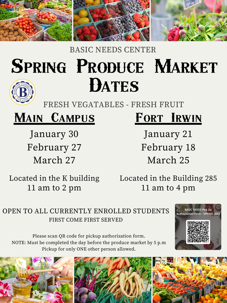 Barstow Community College (@barstow_college) on Twitter photo Do not miss out on the Spring 2025 January Produce Market:
Thursday, January 30 at Main Campus, Building K
The food distribution will begin at 11:00 am until food items run out! Must be enrolled in Spring 2025!
Contact basicneeds@barstow.edu with any questions. Do not miss out on the Spring 2025 January Produce Market:
Thursday, January 30 at Main Campus, Building K
The food distribution will begin at 11:00 am until food items run out! Must be enrolled in Spring 2025!
Contact basicneeds@barstow.edu with any questions.