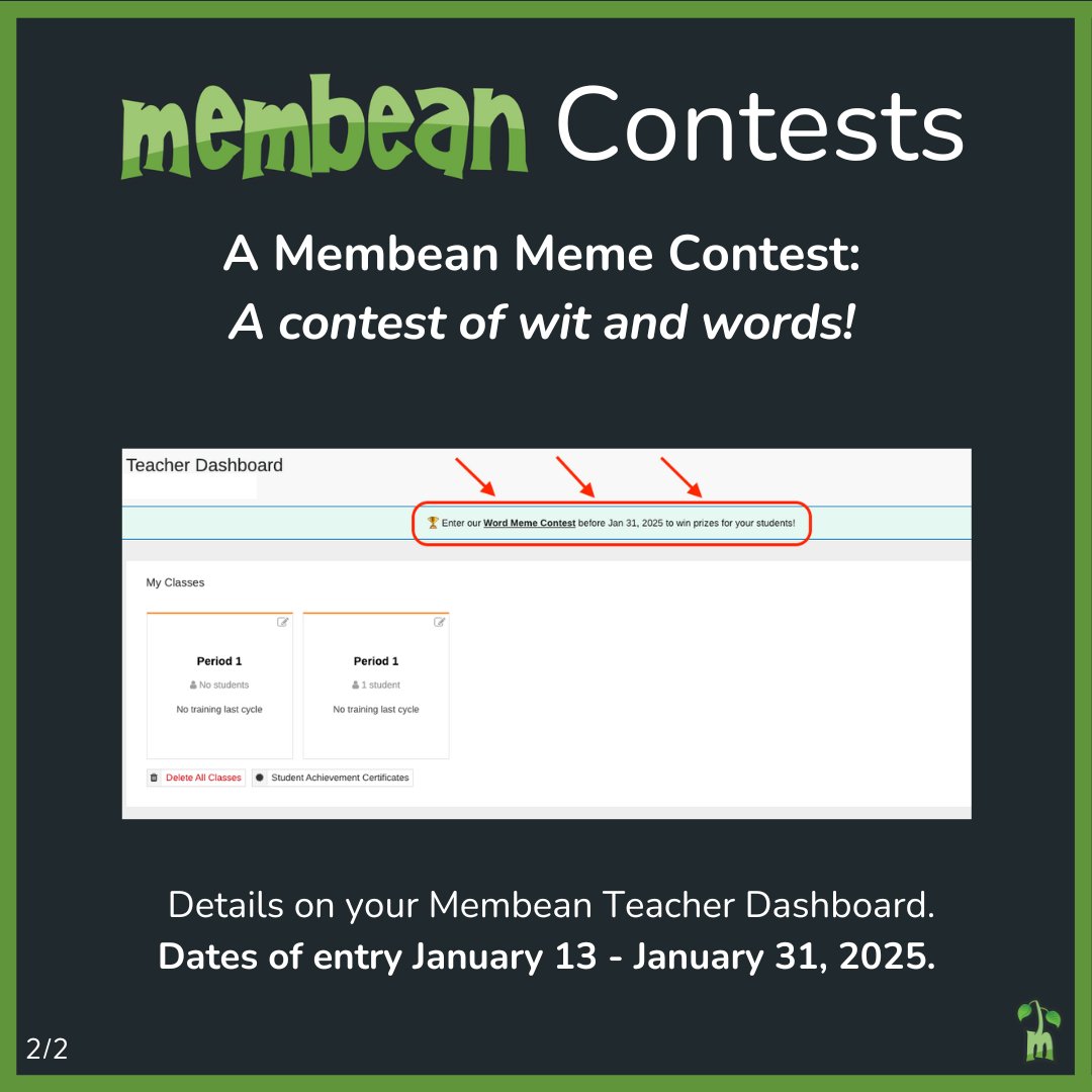 ⏳There's still time to enter Membean's 2025 Meme Contest! Submissions are open until Friday, January 31 at midnight. Head to your Teacher Dashboard for details! 

#MembeanContest #MembeanMemes