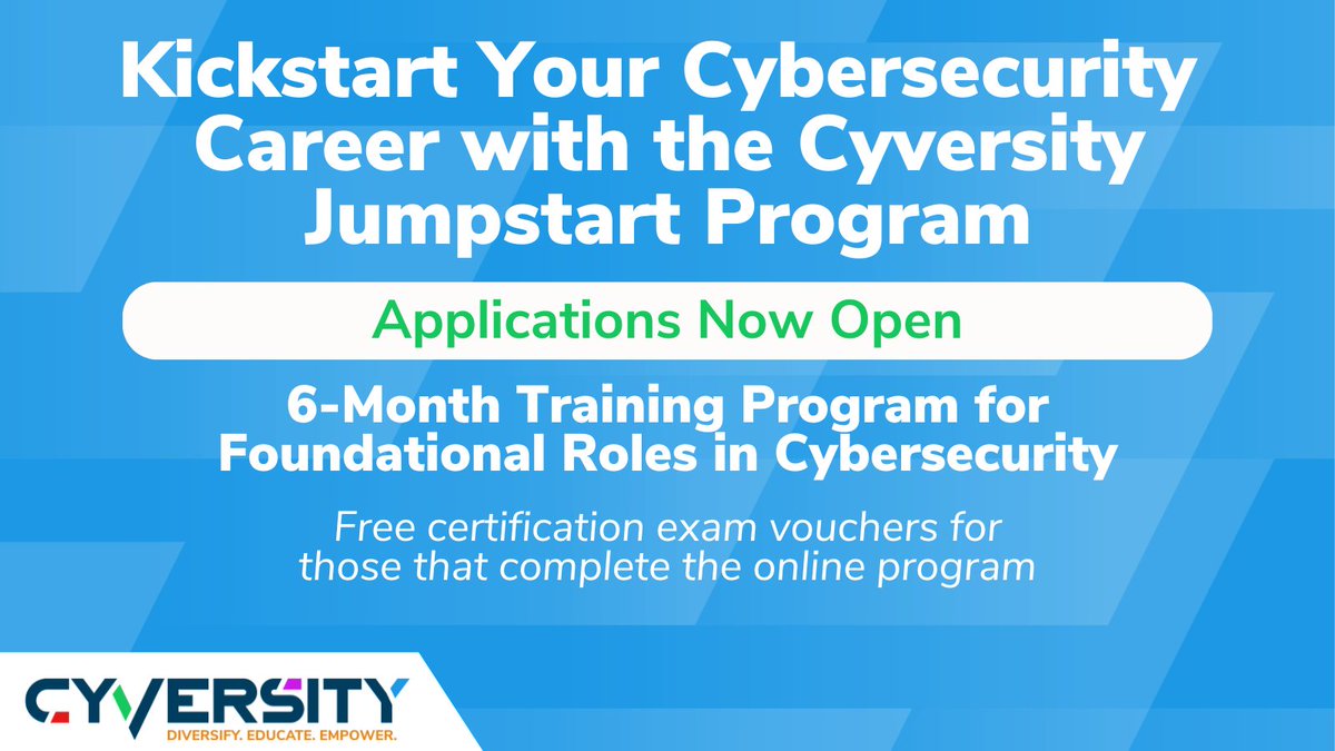 Launch your cybersecurity career with the Cyversity Cybersecurity Jumpstart Program! 6 months of GRC training + tracks in Security Fundamentals or Cloud Security. Includes free certification exam vouchers! Exclusively for members.

Apply now: community.cyversity.org/page/info-cybe…