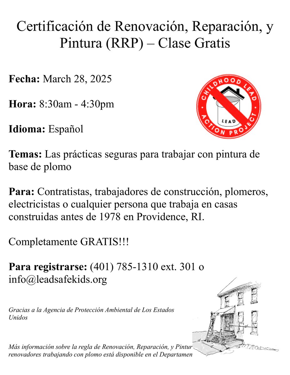 LeadSafeKidsRI's tweet image. ¿Buscas información de RRP clases? Nuestra próxima clase de 8 horas de renovación, reparación y pintura en español es el 28/3. Llámanos o envíanos un mensaje para obtener más información y/o registrarse.