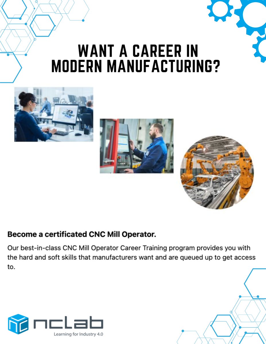 NCLabEdTech's tweet image. Become a certified CNC Mill Operator!

Our best-in-class CNC Mill Operator Training Program equips you with the hard and soft skills that top manufacturers are seeking.

Get started on your path to a rewarding career in manufacturing.

Learn more here 👉 nclab.com/csn-mo/