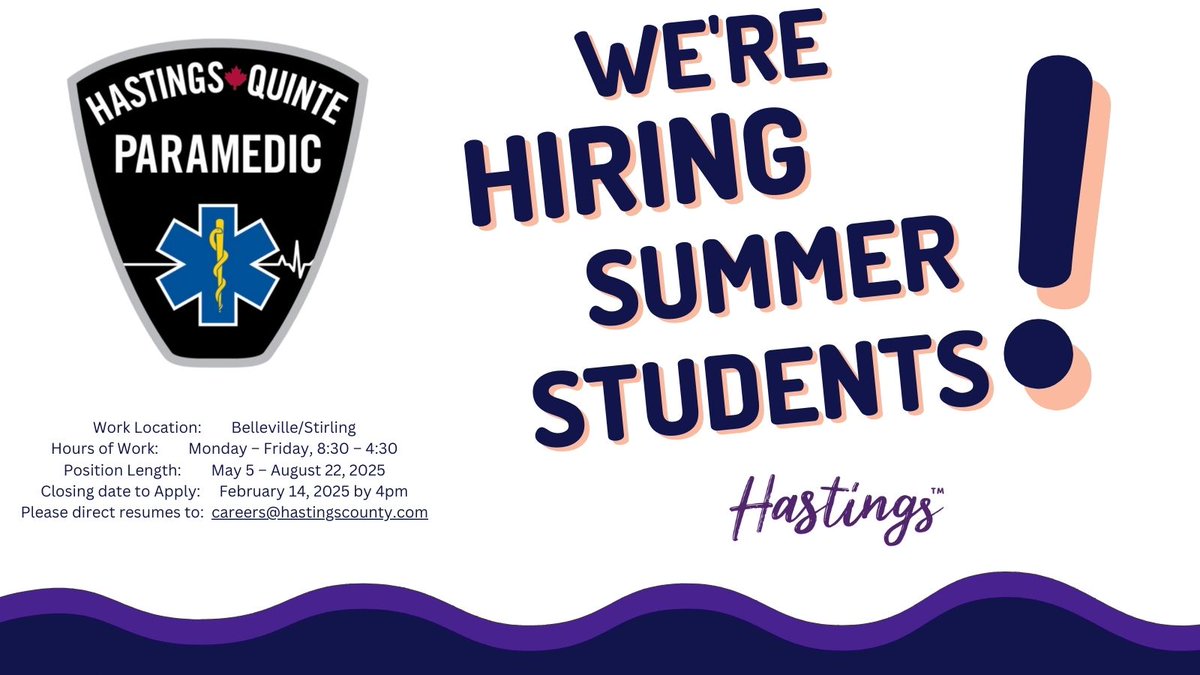 Hastings-Quinte Paramedic Services (@hqpsparamedics) on Twitter photo Calling all summer students! Looking for a career in Emergency Services? Start your journey with our dynamic Paramedic Team! Apply at hastingscounty.com/career/summer-… until Feb. 14th. <a href="/HastingsCounty1/">Hastings County Ont.</a> Calling all summer students! Looking for a career in Emergency Services? Start your journey with our dynamic Paramedic Team! Apply at hastingscounty.com/career/summer-… until Feb. 14th. <a href="/HastingsCounty1/">Hastings County Ont.</a>