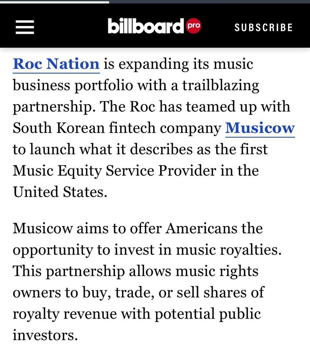 🚨JAY-Z &amp; Roc Nation does it again!

They are partnering with Musicow to launch the world’s first Music Equity Service Provider. 

Music rights owners will be able to buy, trade, or sell shares of royalties. This has never been done before ‼️

Essentially, fans will be able to