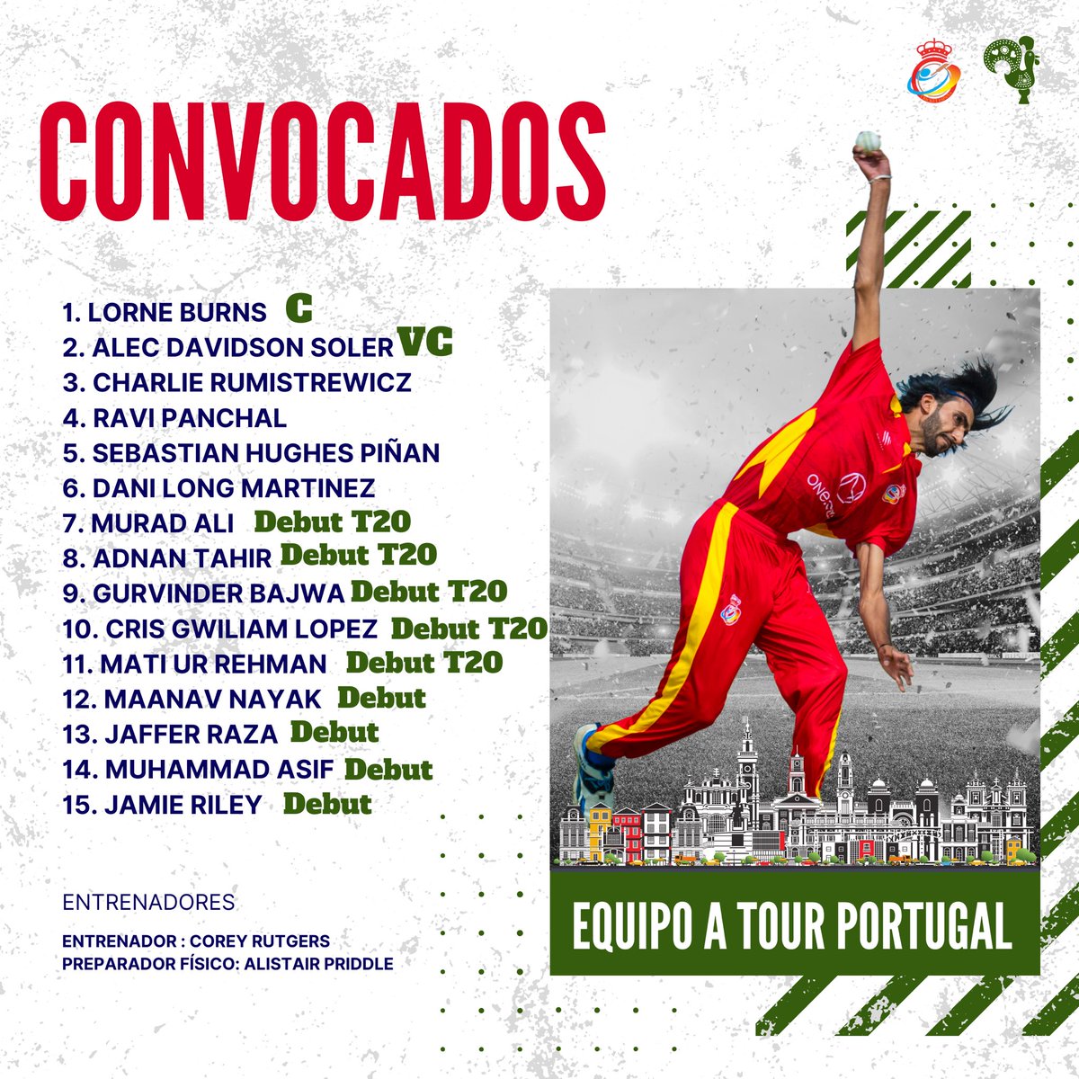 🇪🇸 🇵🇹 
31 de Enero a 2 de Febrero el equipo A de la selección española de cricket estará jugando en Portugal formato T20. 
#vamosespaña #cricketnews