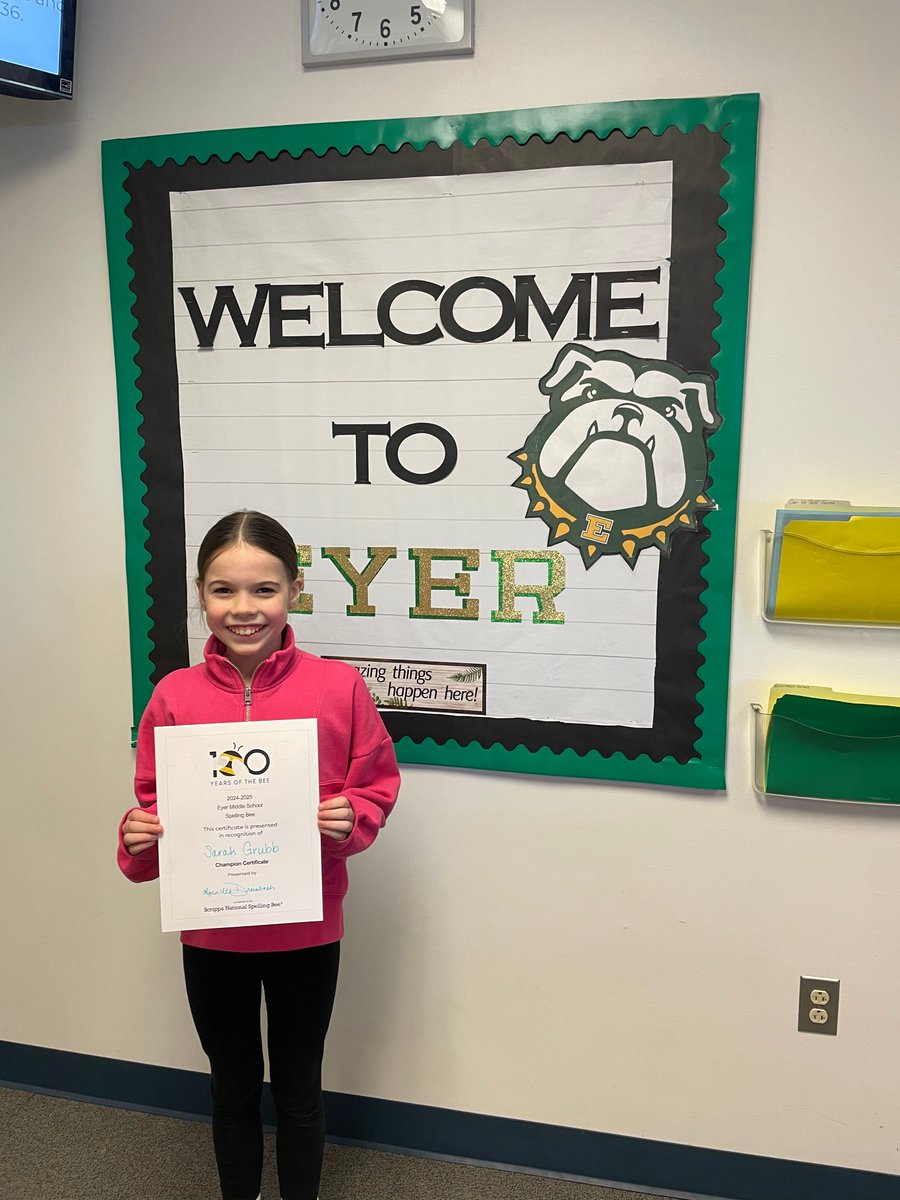 Congrats to 6th grader Sarah G., Eyer’s Spelling Bee Champion! She’ll represent our 800+ students at the Diamond City Regional Bee.  We are incredibly proud of Sarah’s achievement and thrilled to celebrate our first 6th-grade champion in many years! #OneEyer #EastPennPROUD