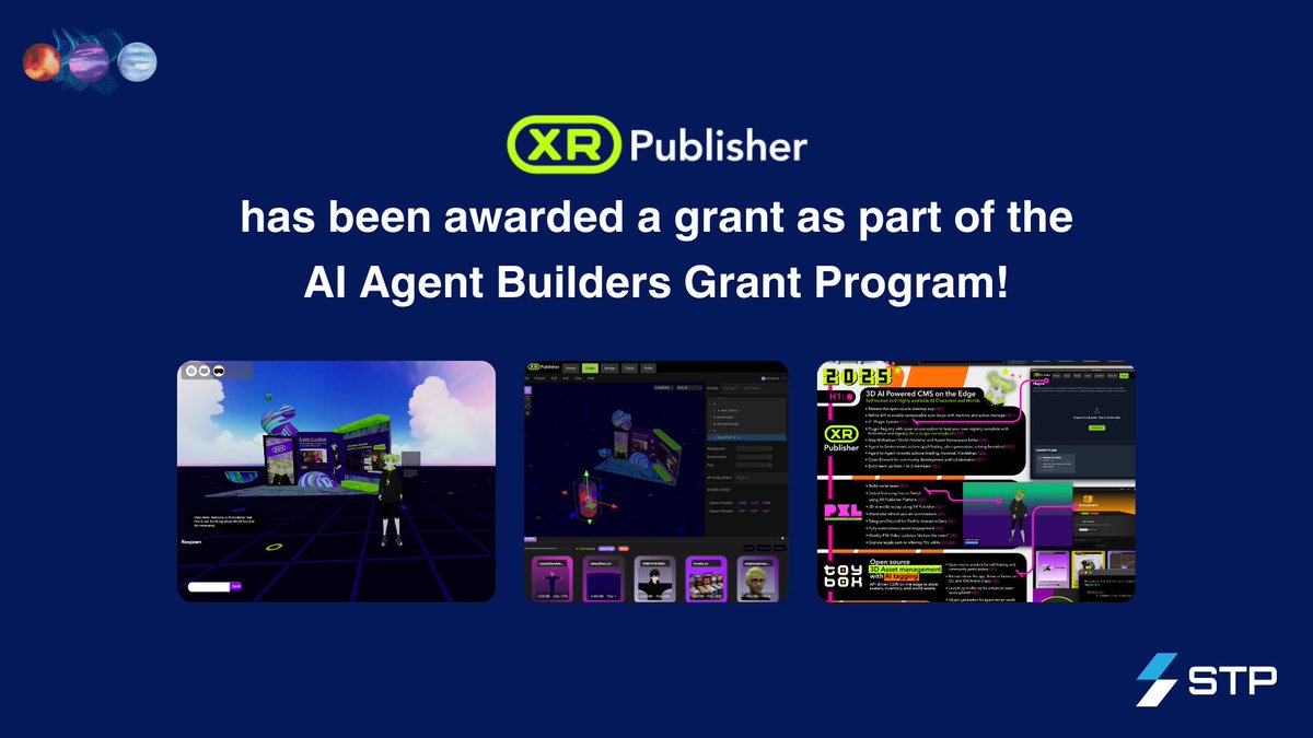 awenetwork_ai's tweet photo. We’re thrilled to announce that @xrpublisher is the first recipient of our AI Agent Builders Grant Program! ��

XR Publisher, is an edge-based framework for creating AI-powered 3D characters and worlds. It combines advanced AI Agents with a 3D world-building toolkit.

We’re super excited to see your Worlds come to life and watch them evolve into Autonomous Worlds—persistent, intelligent spaces where AI agents can thrive and innovate! 🌐✨

Explore XR Publisher here: https://t.co/gxiZrChsKS

Stay tuned as @antpb pushes the boundaries of AI agents and Autonomous Worlds at @xrpublisher 🚀