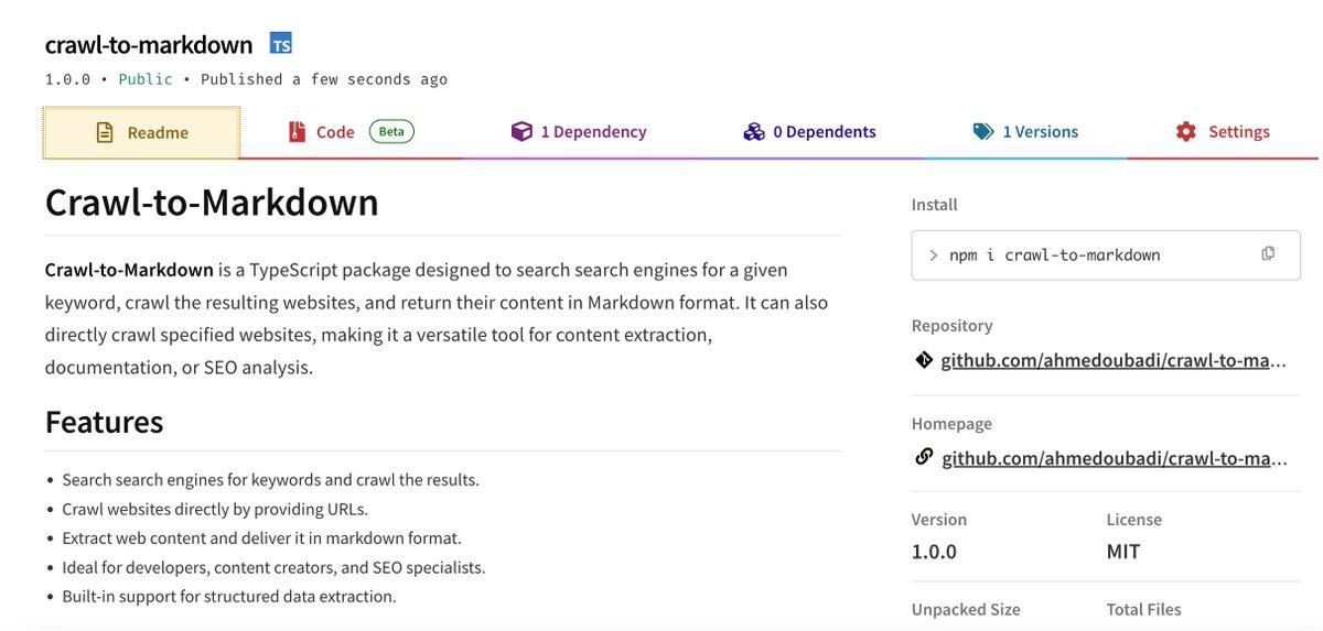 madoutech's tweet image. OMG, I just dropped this LIT NPM package, y'all! It's like, super simple but totally powerful - it crawls ANY webpage, spits it out in Markdown, and even does FREE Google searches for ya! 🔥🕷️📝 #CodingHacks #FreeStuff
