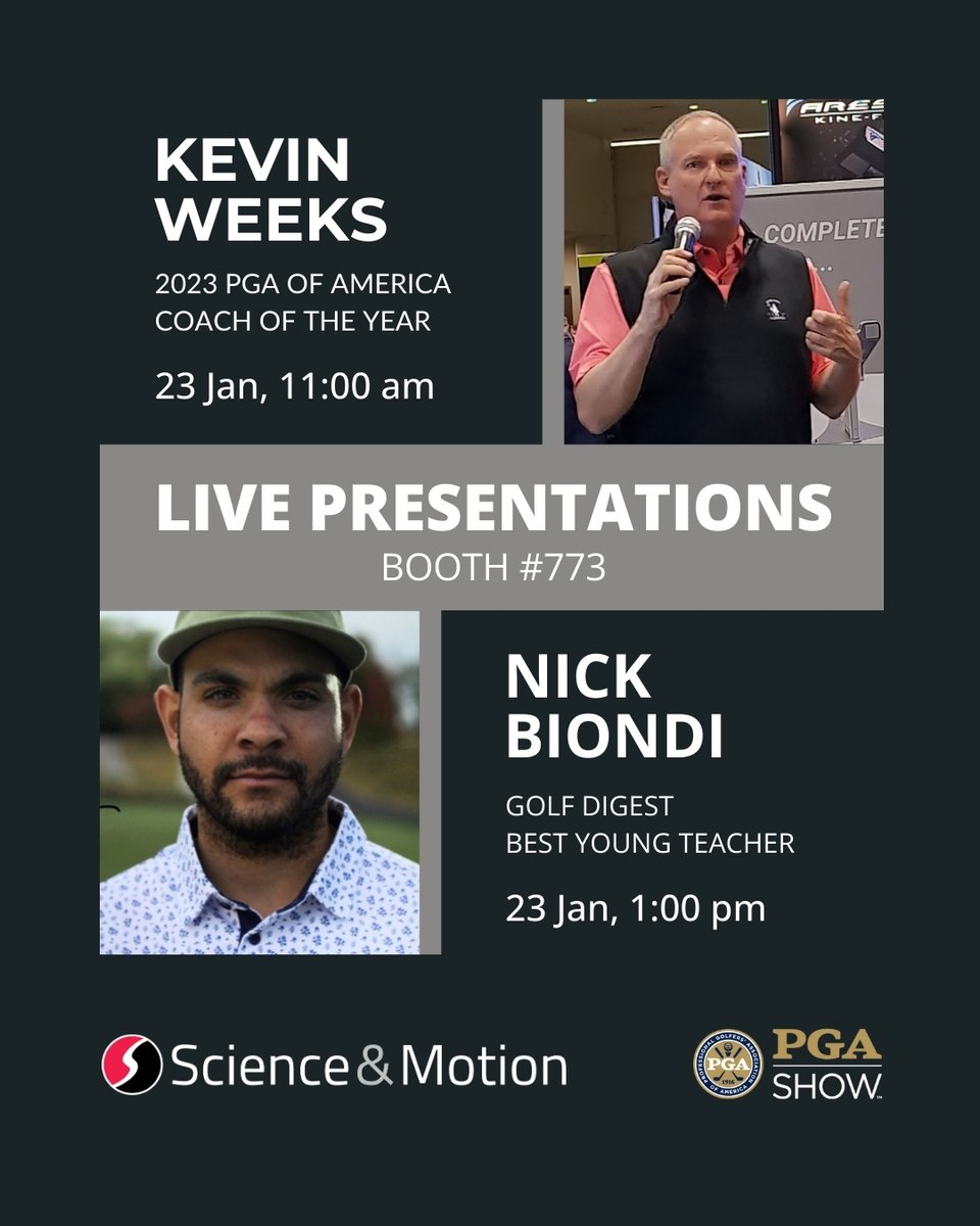 Science&Motion Sports (@sam_sports) on Twitter photo 📣 Join us at booth #773 at the <a href="/PGAShow/">PGA Golf Shows</a> in #OrlandoFlorida to experience live demos from two of the industry’s top coaches:
⛳️<a href="/kevinweeksgolf/">Kevin Weeks</a> – 2023 PGA of America Teacher & Coach of the Year
🕚23 Jan, 11AM
⛳️<a href="/biondigolf/">Nick Biondi</a> – <a href="/GolfDigest/">Golf Digest</a> Best Young Teacher
🕐23 Jan, 1PM 📣 Join us at booth #773 at the <a href="/PGAShow/">PGA Golf Shows</a> in #OrlandoFlorida to experience live demos from two of the industry’s top coaches:
⛳️<a href="/kevinweeksgolf/">Kevin Weeks</a> – 2023 PGA of America Teacher & Coach of the Year
🕚23 Jan, 11AM
⛳️<a href="/biondigolf/">Nick Biondi</a> – <a href="/GolfDigest/">Golf Digest</a> Best Young Teacher
🕐23 Jan, 1PM