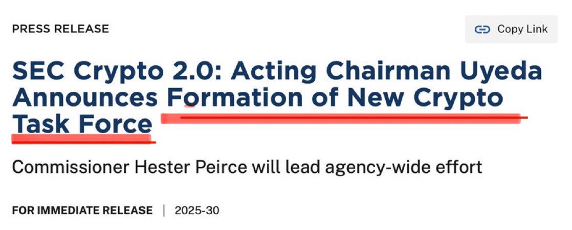 BitcoinArchive's tweet image. 💥 BREAKING: SEC officially announces a Crypto Task Force led by pro-Bitcoin Commissioner Hester Peirce. 

The Task Force will establish clear rules for the industry and crypto assets.