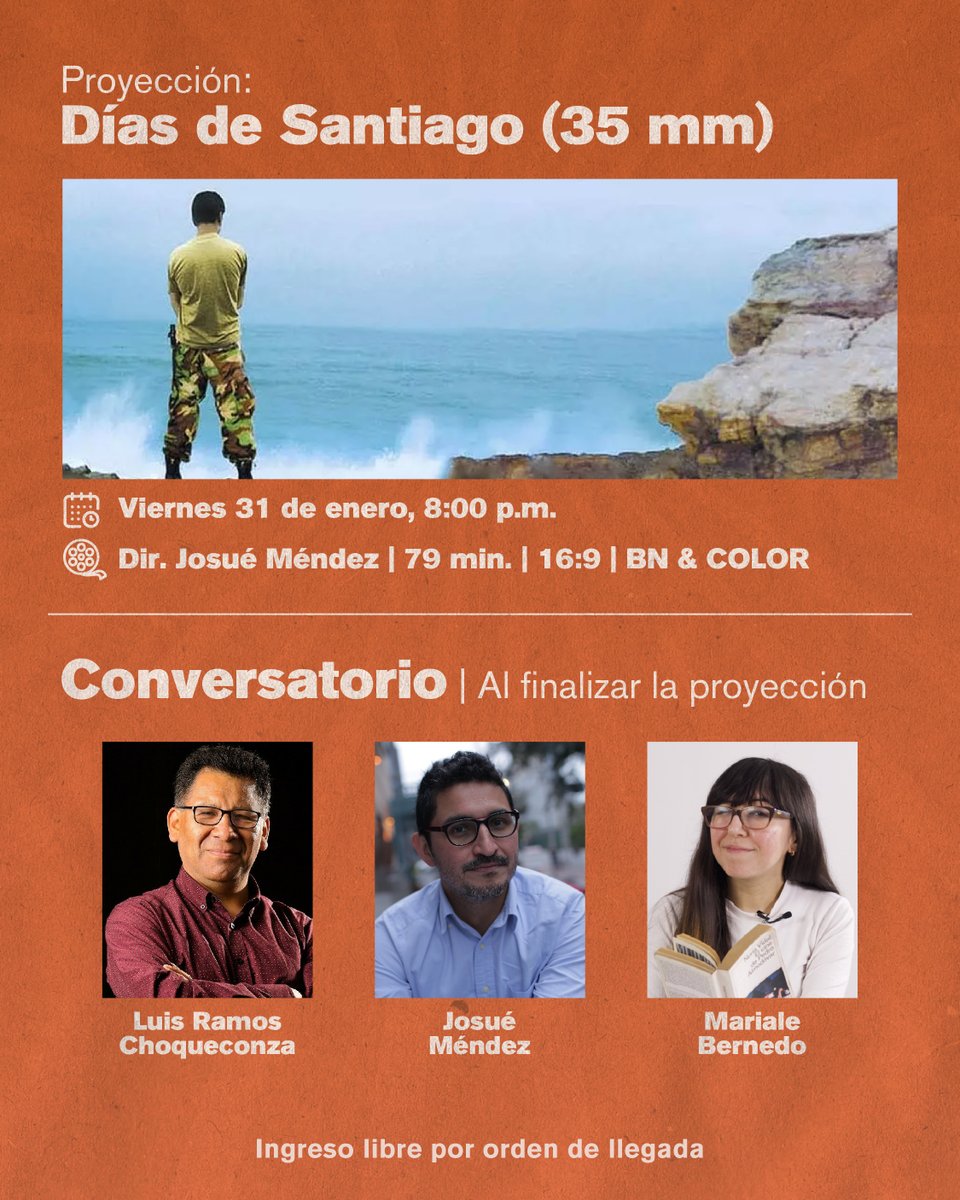 CCULTURALPUCP's tweet photo. 🎬 En celebración de los 20 años de Cinencuentro, presentamos la proyección en 35 mm de Días de Santiago, seguida de una charla con Luis Ramos Choqueconza, Josué Méndez y Mariale Bernedo.

Organizado por APRECI, Cinencuentro y CCPUCP, con el apoyo de Filmoteca PUCP. https://t.co/DvjNFmsqpf