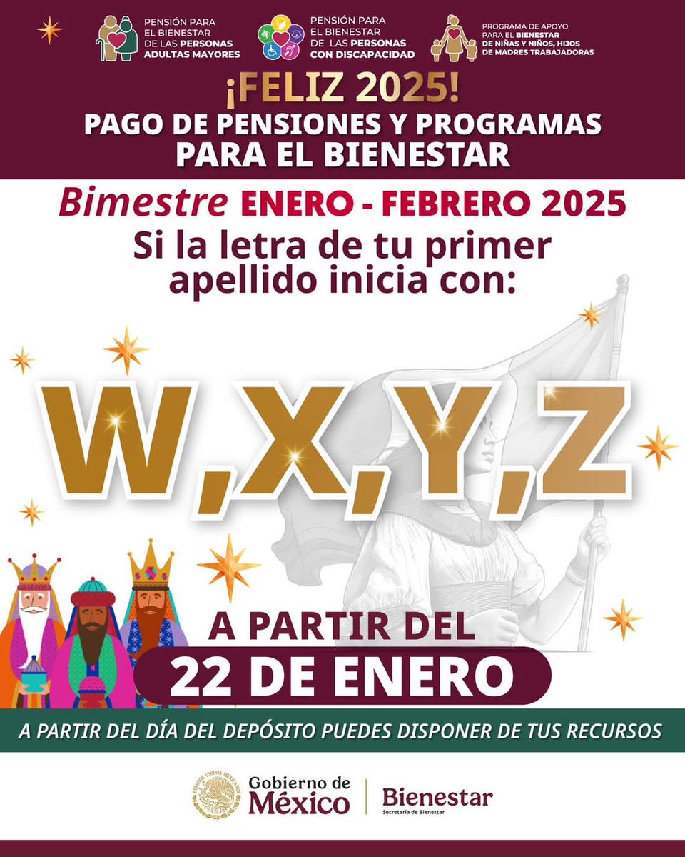 ❤️ Aviso Importante ❤️
Si tu apellido comienza con las letras W, X, Y, Z; a partir del 22 de enero, podrás disponer de tu recurso correspondiente al bimestre enero-febrero de las #PensionesBienestar y el programa #MadresTrabajadoras.
#HumanismoMexicano
#PrimeroLosPobres