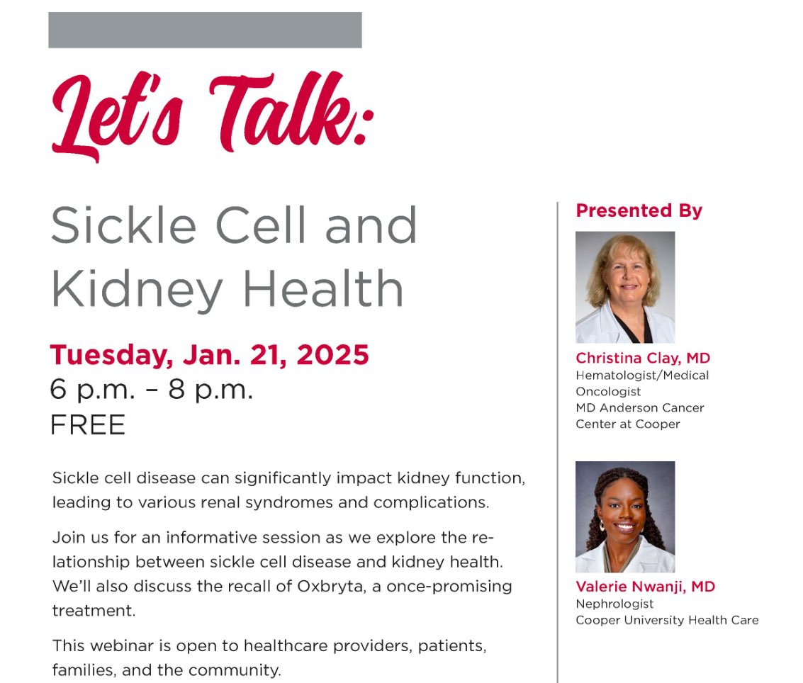 I was excited when Dr. Christina Clay invited me to speak at “Let’s Talk: Sickle Cell and Kidney Health”. I shared insights on sickle cell disease’s effects on kidney function.
Dr. Christina Clay and her team are doing outstanding work in the South Jersey area.