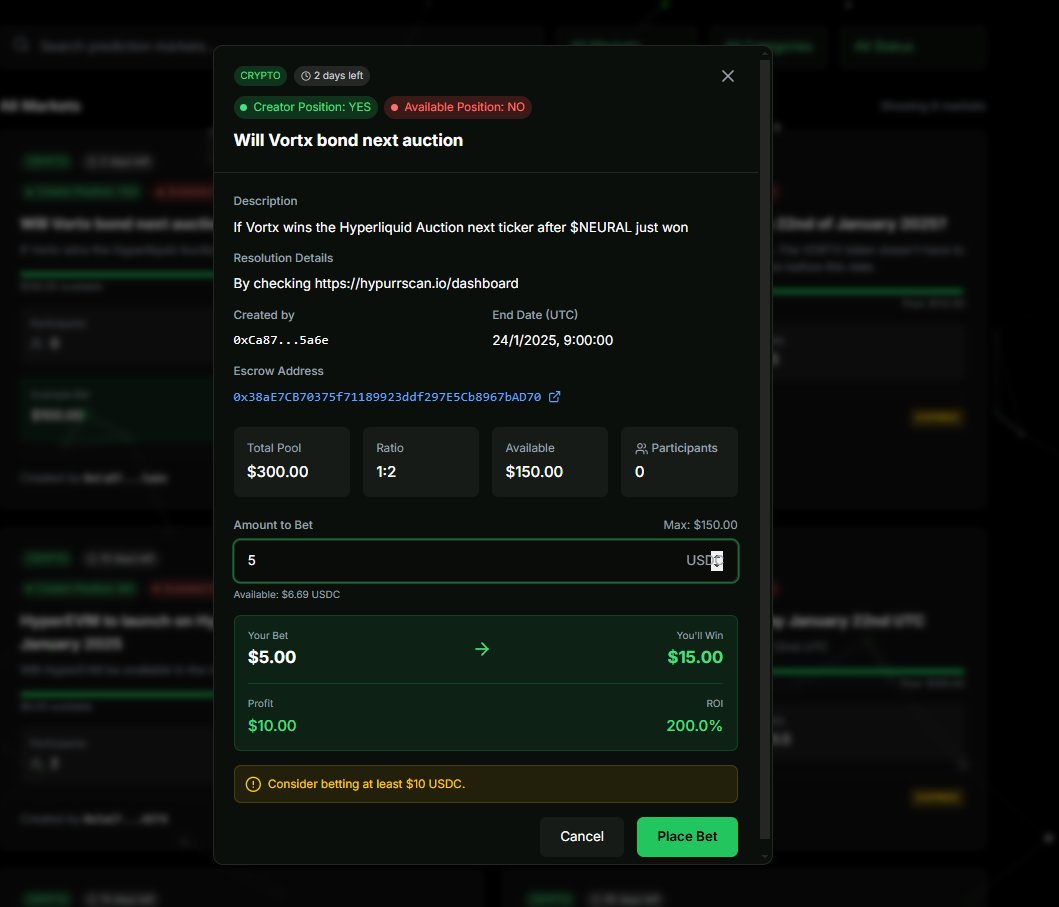 vortx_hl's tweet image. You think VORTX is NOT going to bond next? How about putting your money where your mouth is? app.vortx.gg/bets?marketId=…

Join our p2p predictions markets, create and join markets, and show your convictions.

$VORTX #Hyperliquid