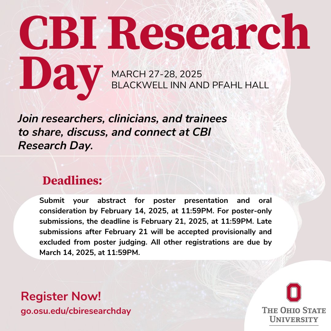 Save the date! Join us for CBI Research Day on March 27-28. Register, present, or sponsor to showcase your innovations and engage with the research community. Don’t miss this exciting opportunity! #CBI #BrainInjuryAwareness #Research #OhioState