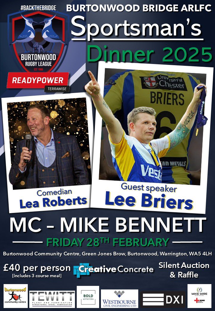 ‼️📣 SPORTSMAN'S DINNER 2025!

Burtonwood Bridge Sportsman's Dinner 2025 is just around the corner! Friday 28th February doors open from 7pm.

Tickets £40 per person (includes 3 course meal)

Full tables also available. DM for more info!