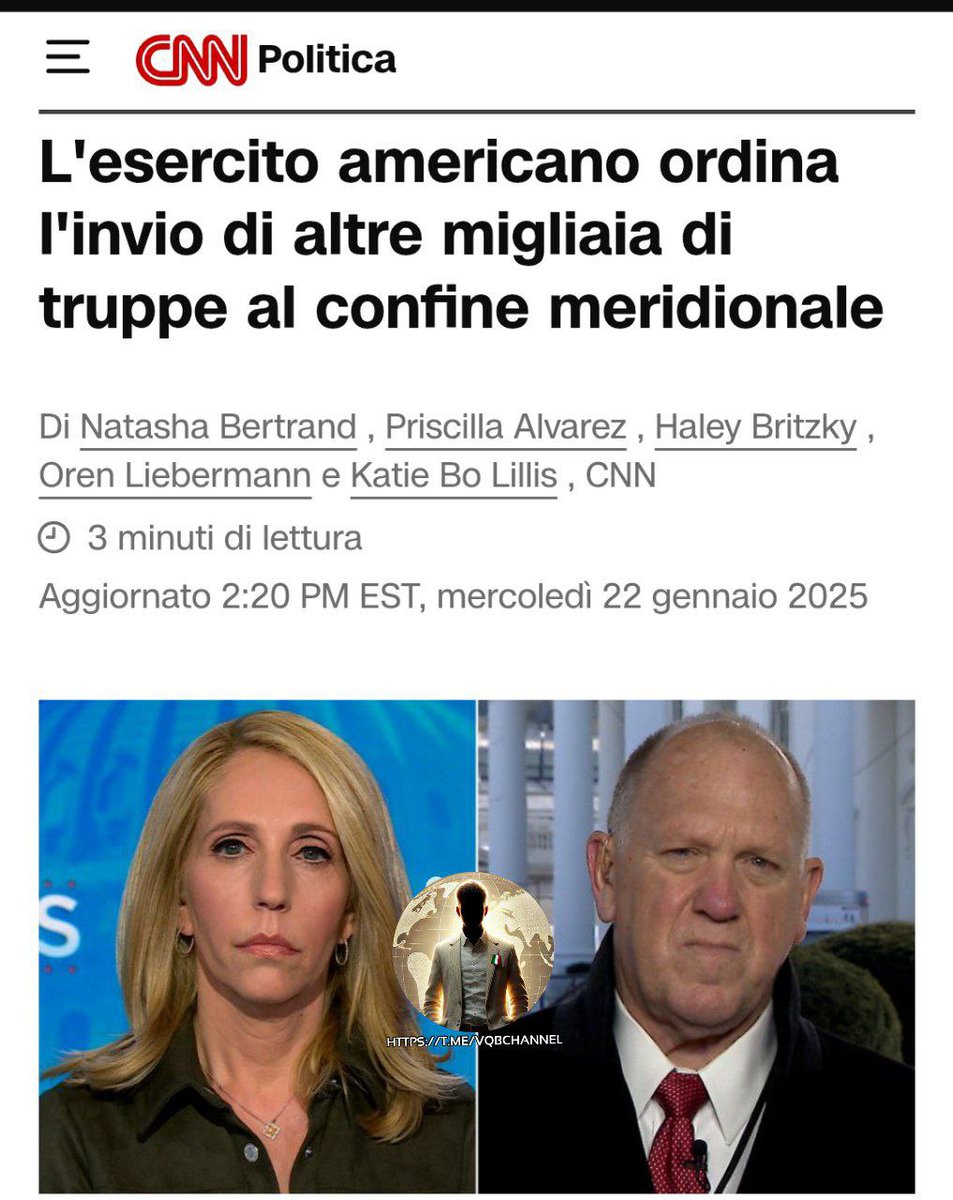 LadyAfro17's tweet photo. 22 gennaio 2025, Stati Uniti
CNN: TRUMP INVIA ULTERIORI TRUPPE AL CONFINE CON IL MESSICO
Migliaia di truppe statunitensi aggiuntive saranno schierate nei prossimi due giorni per proteggere il confine con il Messico, riferisce la CNN.
Circa 2.200 soldati della #Task_Force North, con sede in Texas, sono già al confine.
Ulteriori forze si uniranno alle pattuglie di frontiera e si impegneranno anche in operazioni aeree.
C'è anche un contingente della Guardia Nazionale al confine chiamato Operazione Lonestar. Consiste di circa 4.500 persone.
#22gennaio #USA #AmericaNews
#Esercito #BorderCrisis
#Messico #POTUS47 #Trump
#Illegals #Clandestini
#Migranti
https://t.co/mhL6txONW3