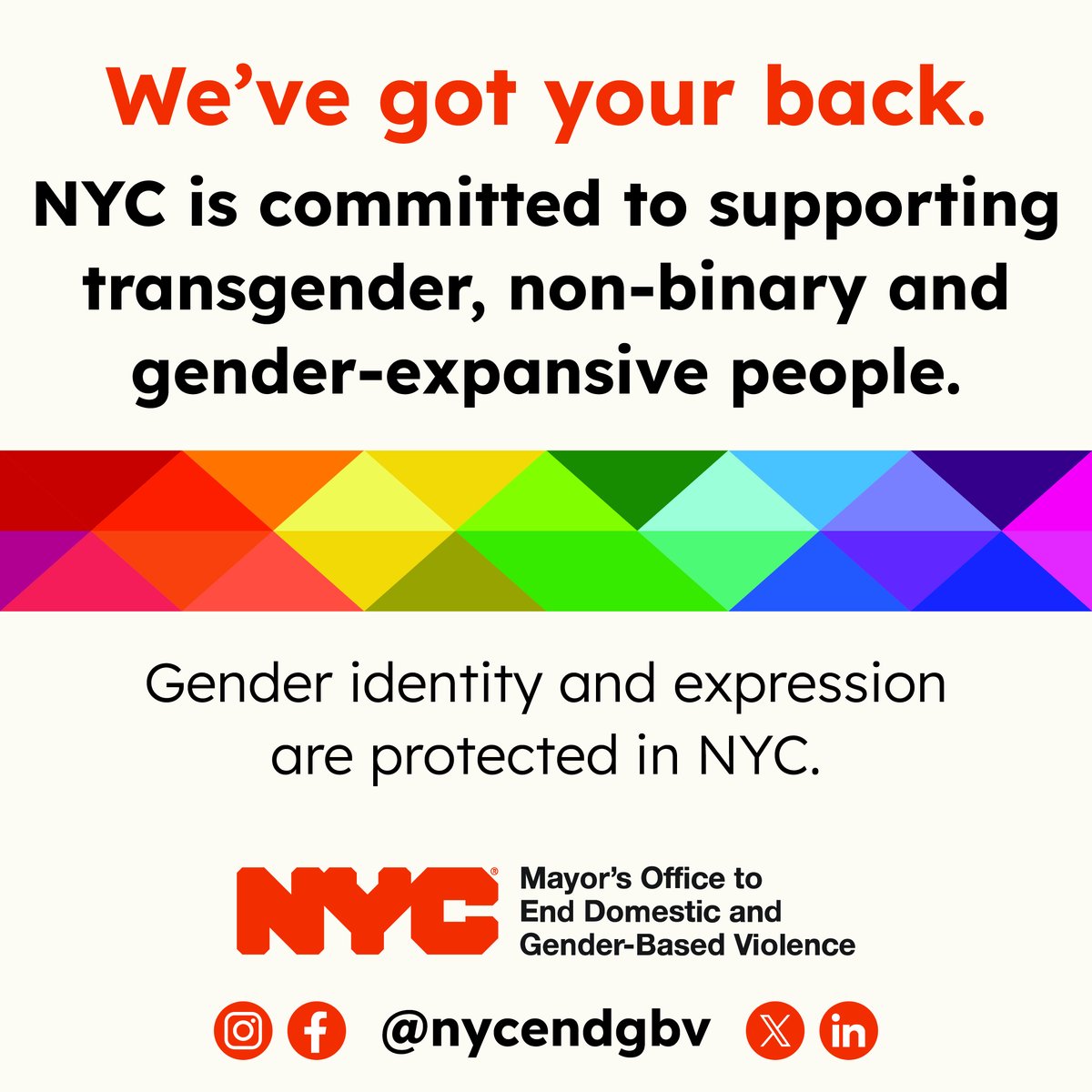 #NYC supports #transgender, non-binary &amp; gender-expansive people, and we will always fight to end GBV. To discriminate based on actual or perceived sexual orientation or #gender is illegal. GET HELP: on.nyc.gov/2TIwfo2; call NYC's 24-Hour Hope Hotline: 1-800-621-HOPE (4673).