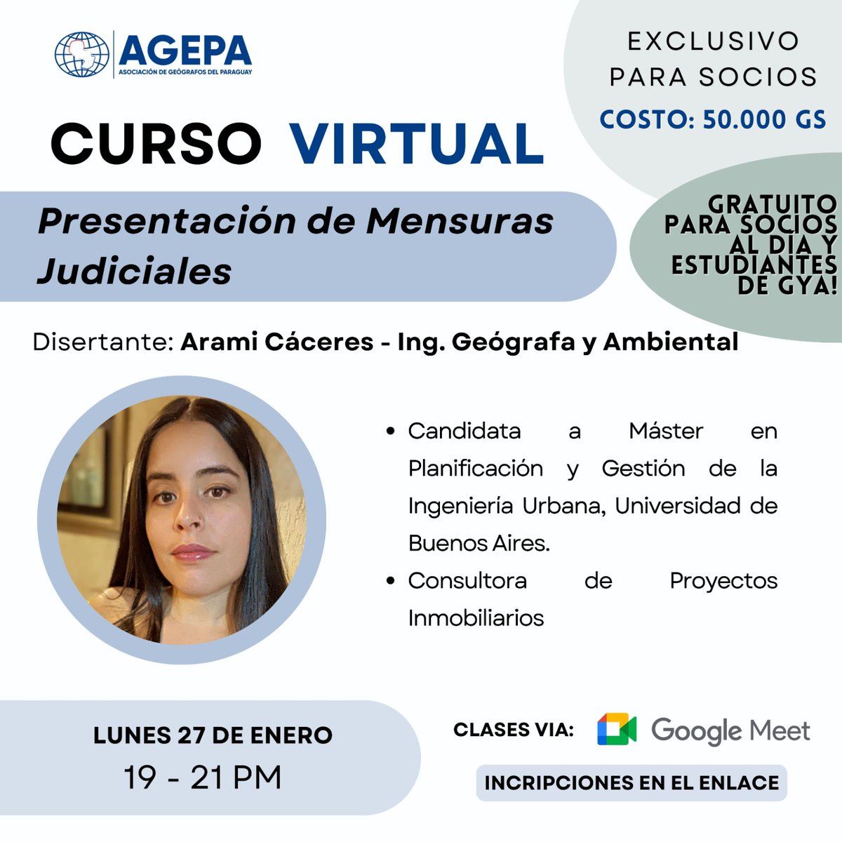 La *Asociación de Geógrafos del Paraguay (AGEPA)* invita a sus socios a participar del curso sobre "Presentación de Mensuras Judiciales", dictado por la *Ingeniera Geógrafa y Ambiental Arami Cáceres*. 

Inscripciones en el siguiente enlace: forms.gle/MkBaLF7gzwVo7o…