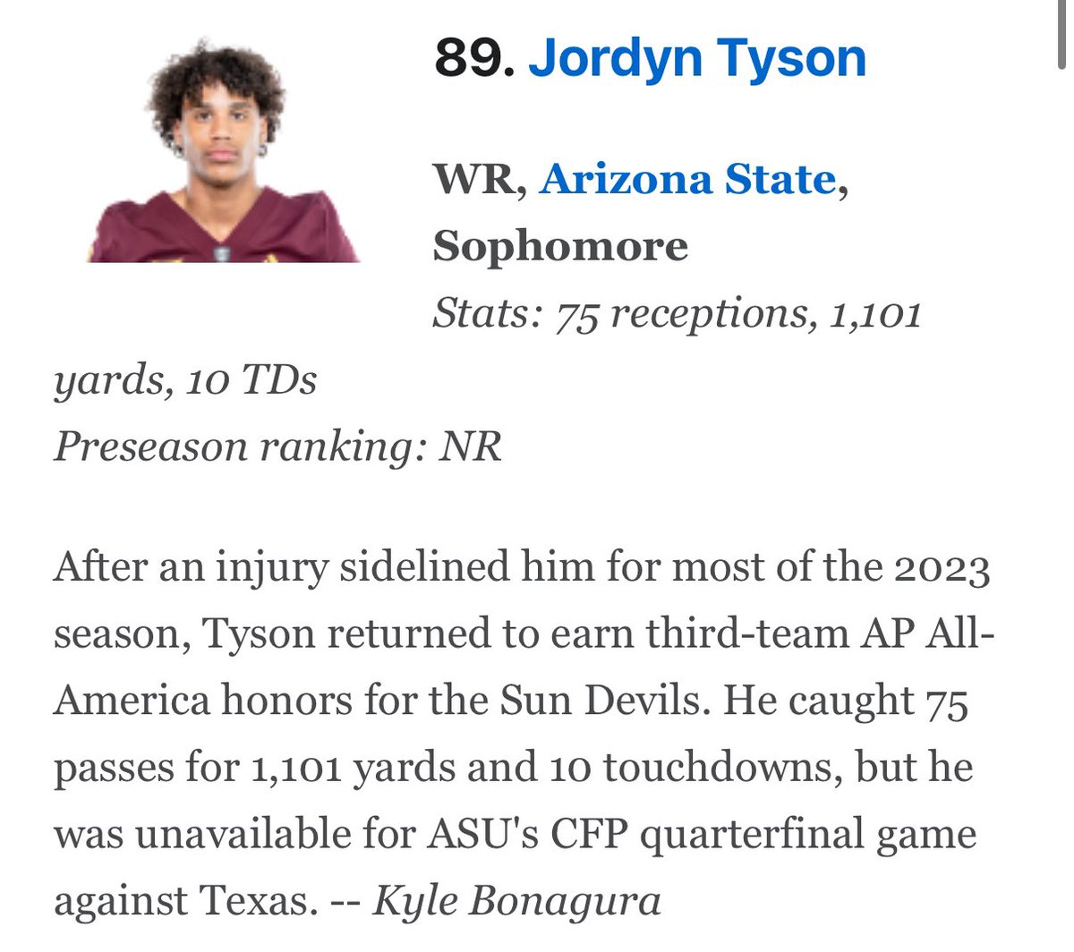 Three Sun Devils were among ESPN’s top 100 players of the 2024 season:
• RB Cam Skattebo (4th)
• QB Sam Leavitt (58th)
• WR Jordyn Tyson (89th)