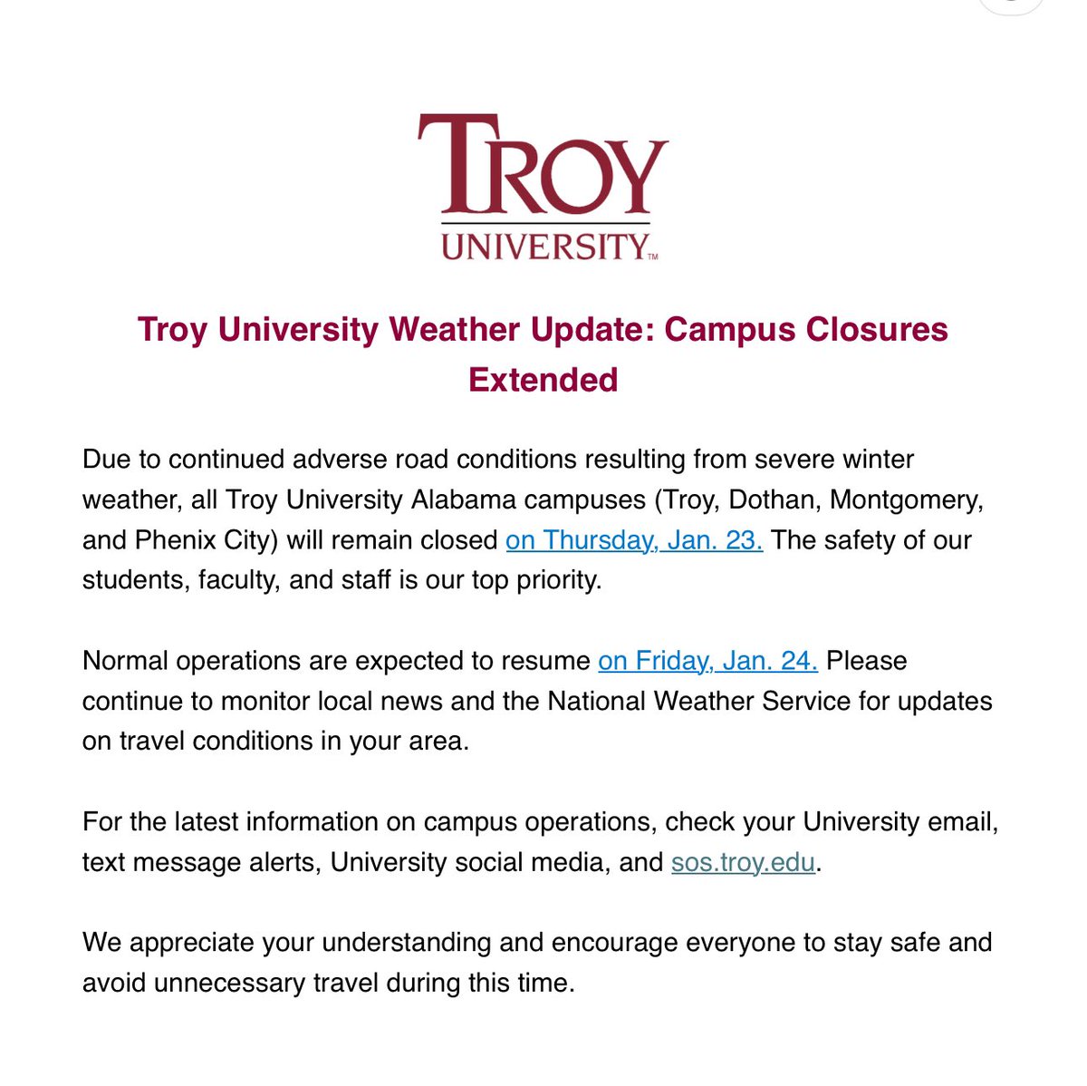 Update regarding winter weather and campus closures.