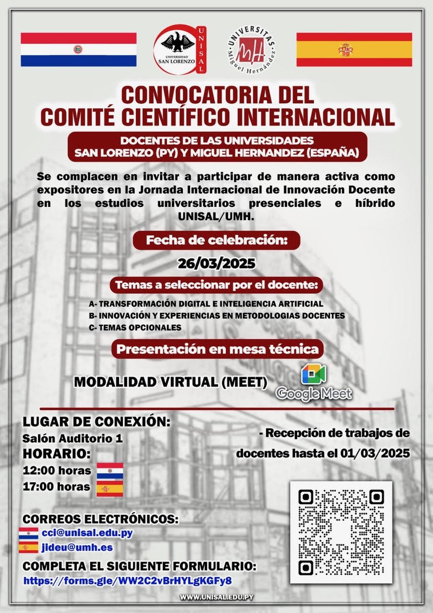 📢 La Universidad Miguel Hernández participará en la Jornada Internacional de Innovación Docente junto a la Universidad San Lorenzo de Paraguay el 26 de marzo de 2025. Un espacio virtual para compartir experiencias en innovación educativa.