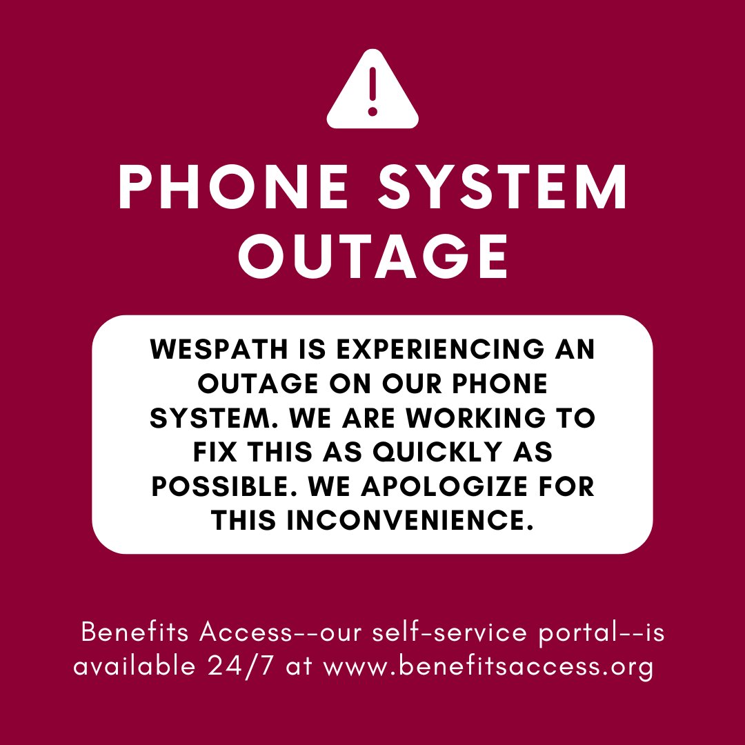 Wespath is experiencing an outage on our phone system. We are working to fix this as quickly as possible. We apologize for this inconvenience.

Benefits Access--our self-service portal--is available 24/7 at ow.ly/EiYL50ULmY0