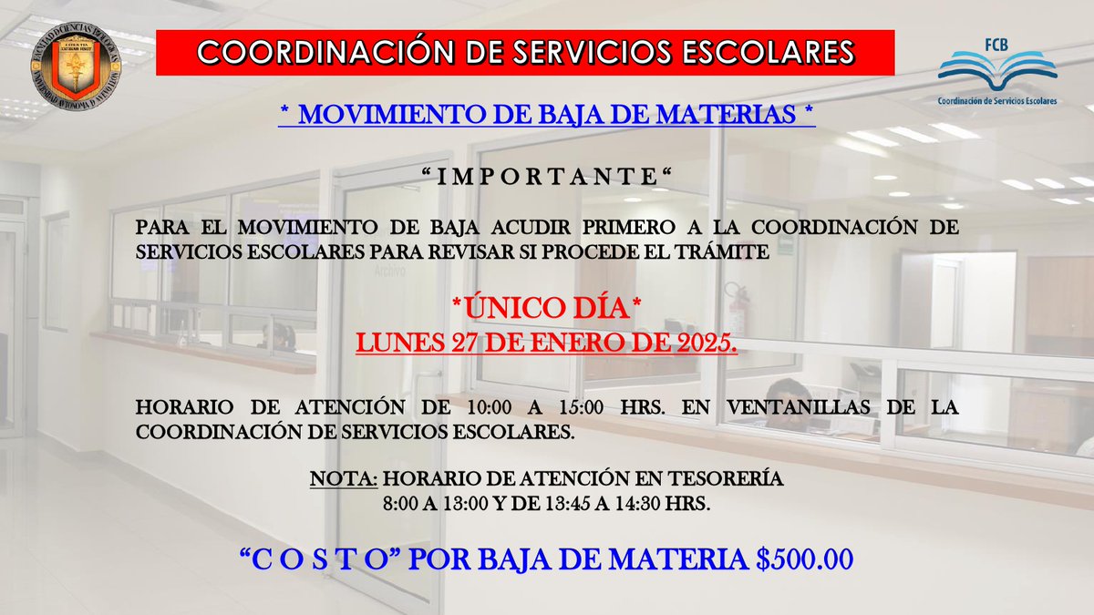 ⚠ AVISO IMPORTANTE ⚠ 

Información para el movimiento de bajas de materias. 

¡Único día!